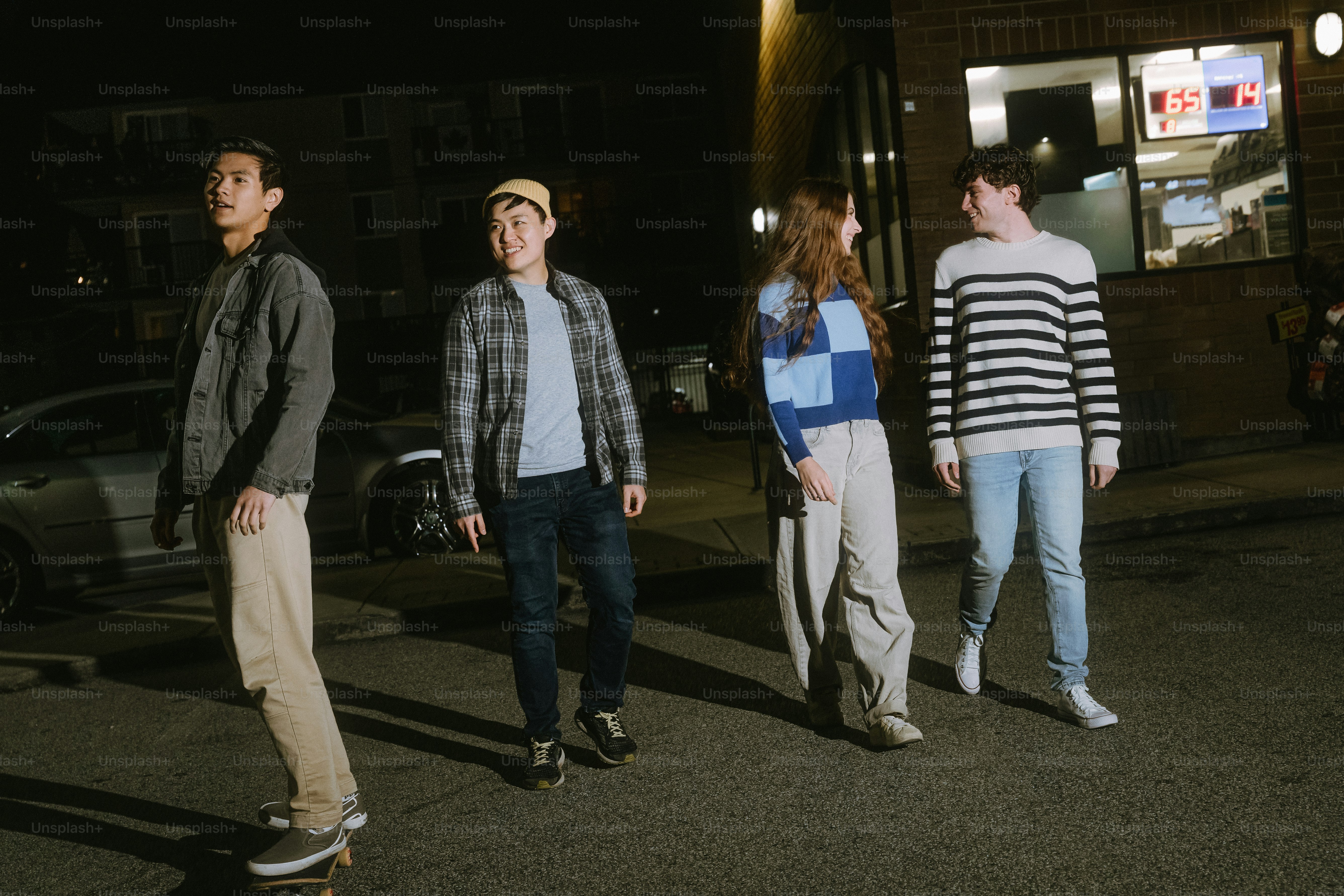 Four young adults walking and skateboarding on a street at night under warm lighting