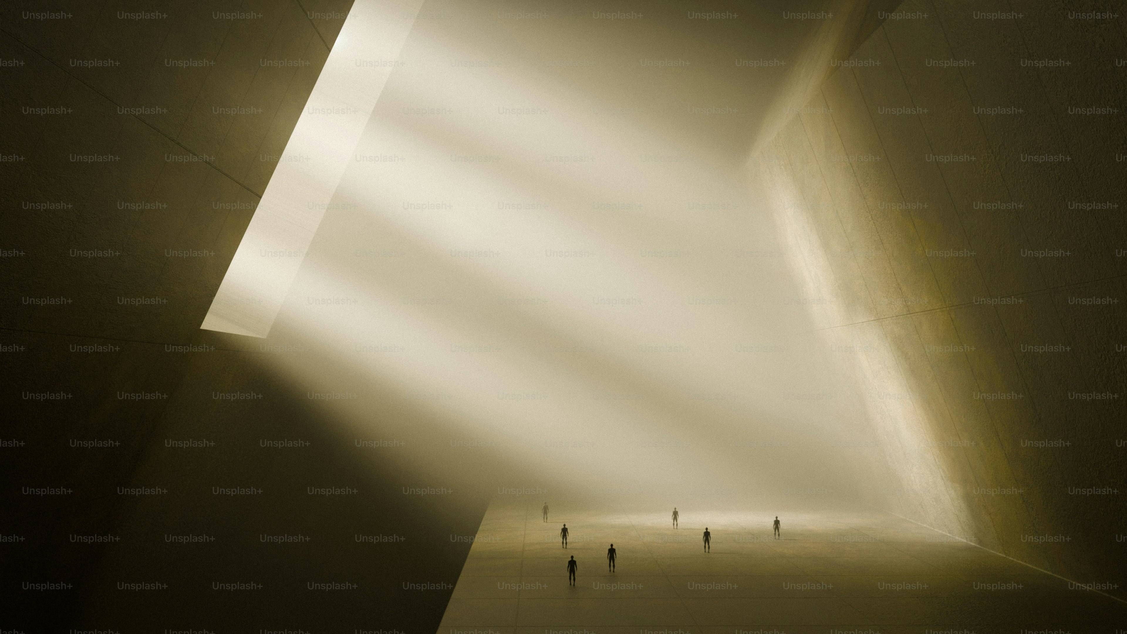 A 3D render of small silhouettes of people standing in a vast sunlit hall