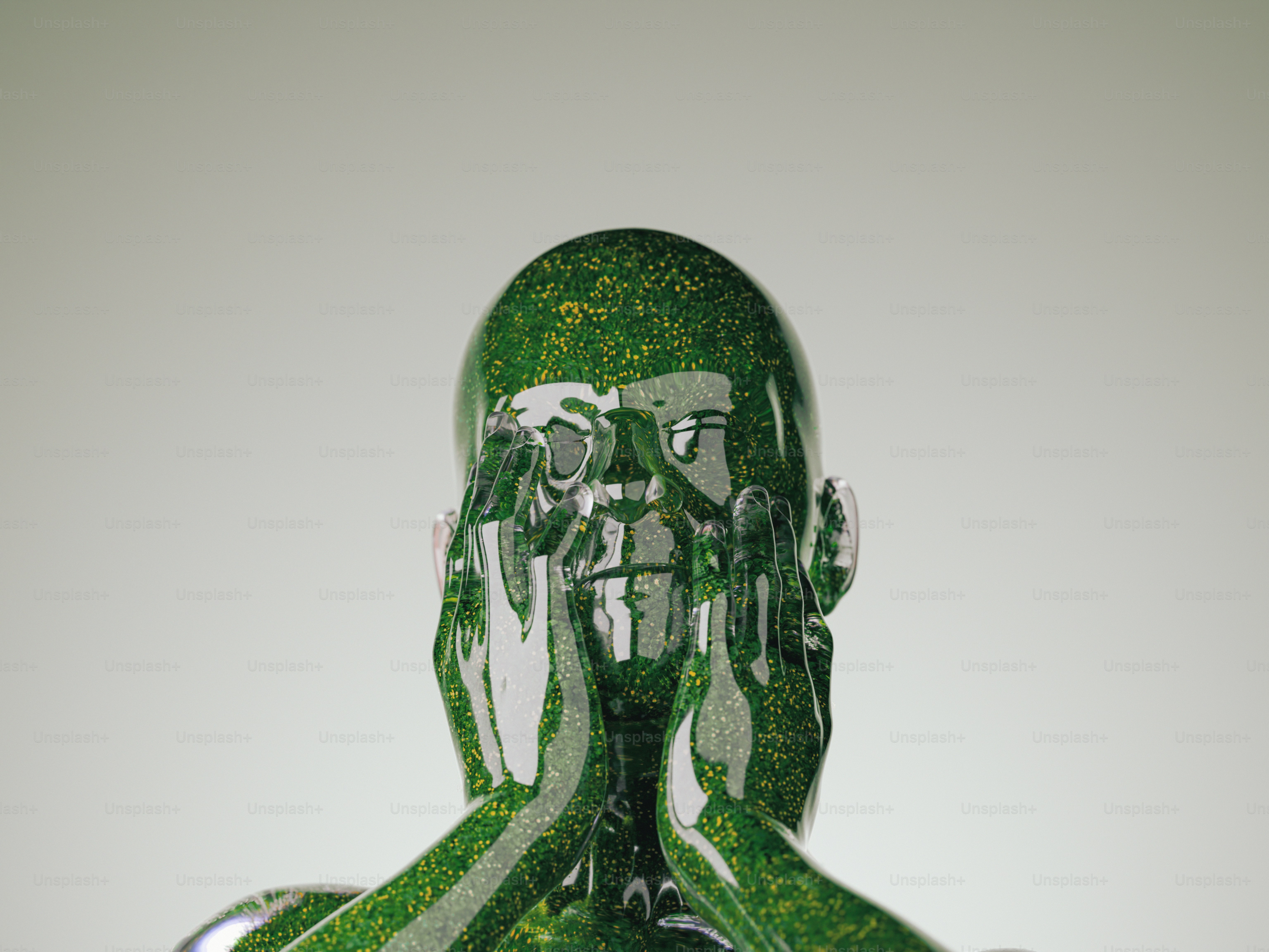Un render 3D de una figura humana verde brillante con motas doradas sujetando su rostro