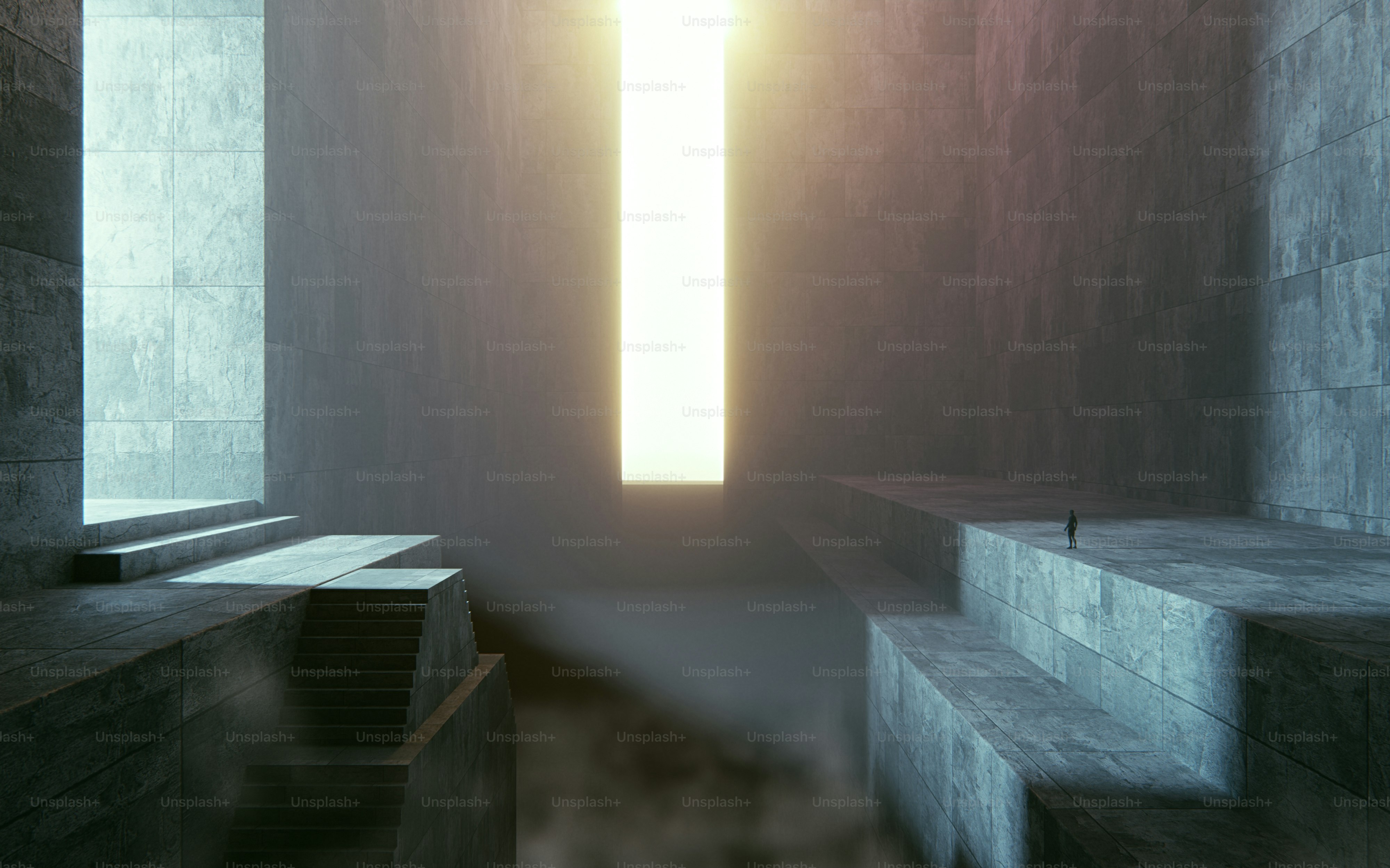Un render en 3D de un enorme salón brutalista de hormigón con escaleras y una fuente de luz vertical brillante