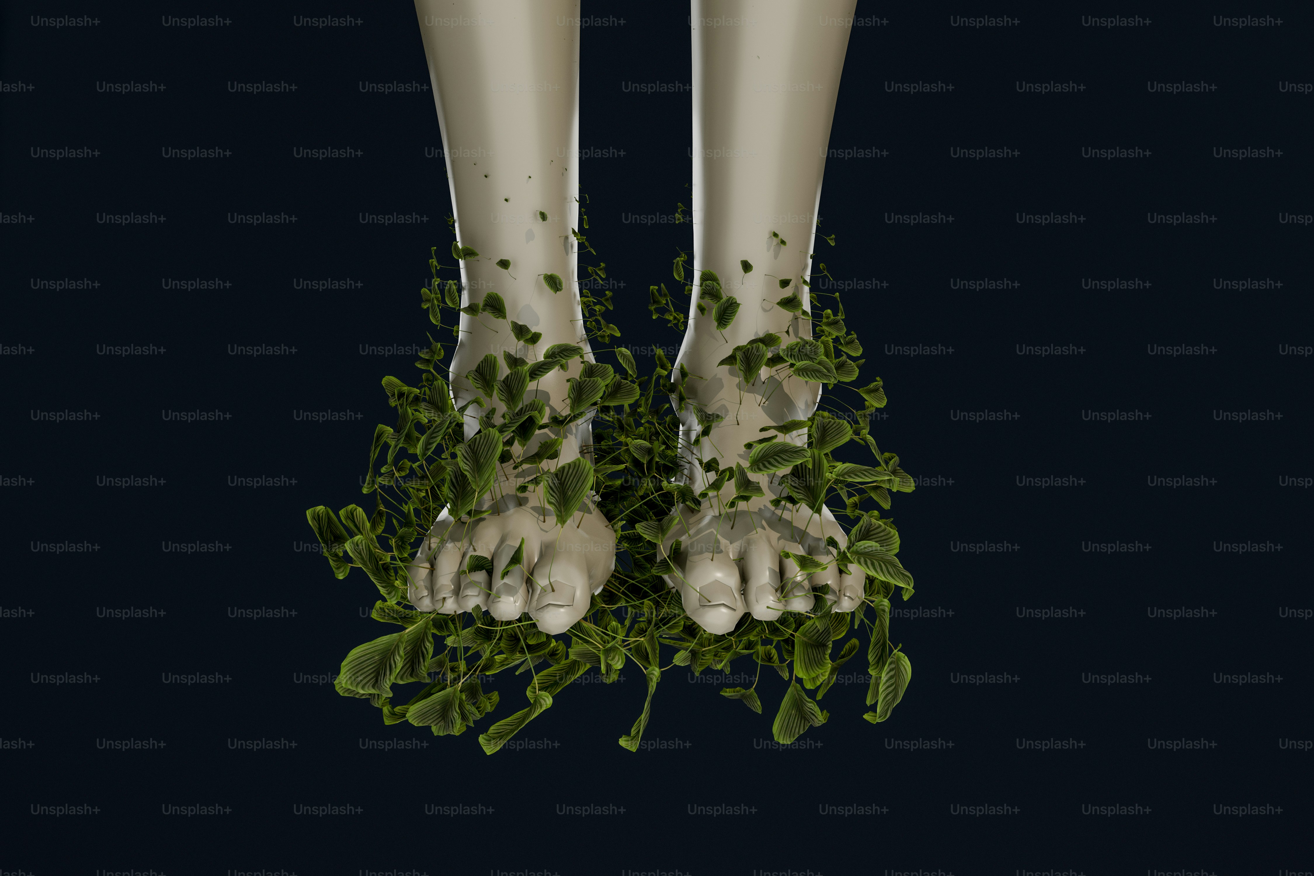 Un rendu 3D de deux pieds de mannequin pâles émergeant d’un groupe de feuilles vertes