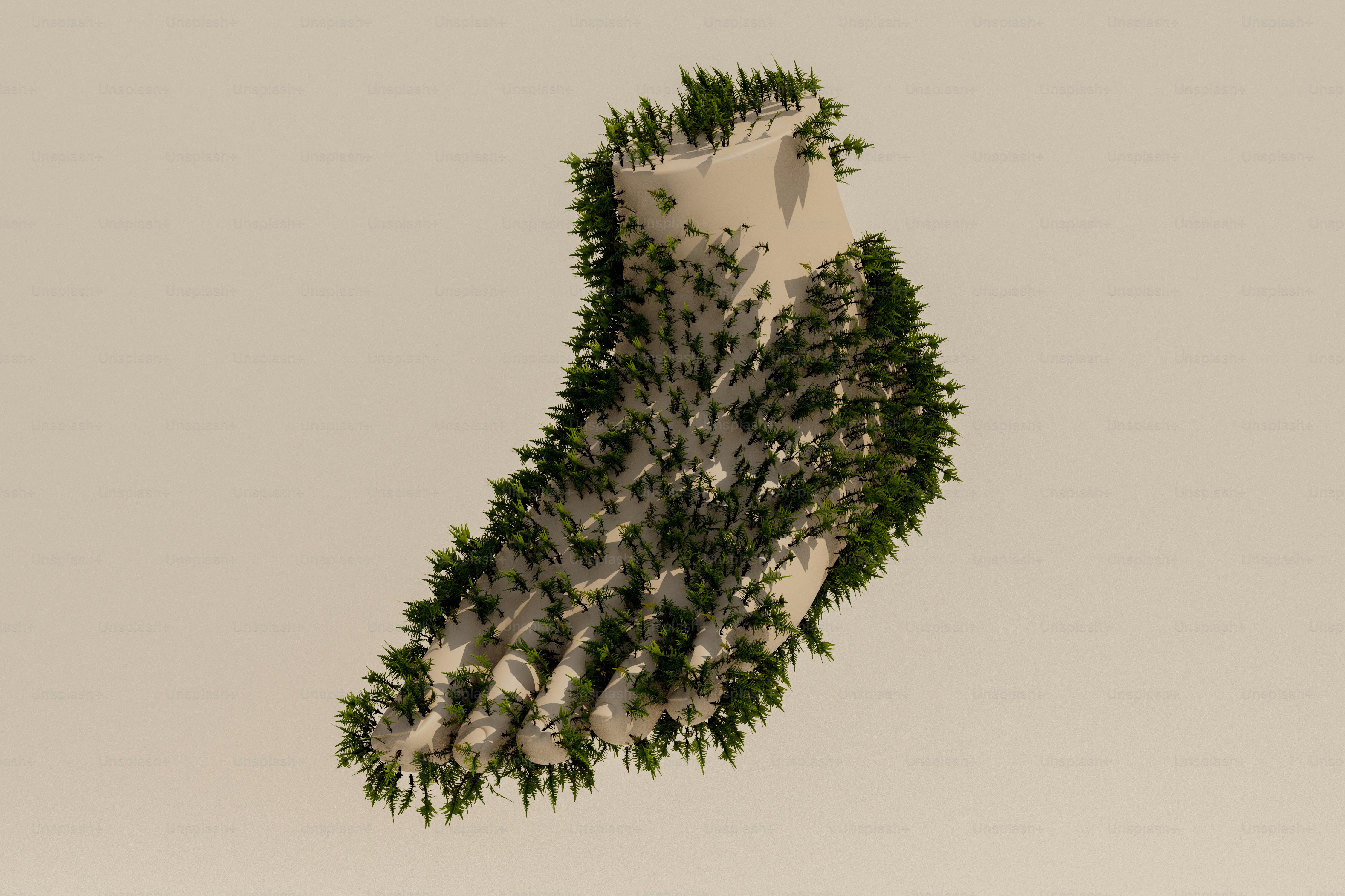 Un rendu 3D d’une forme de pied humain couverte de petits pins verts