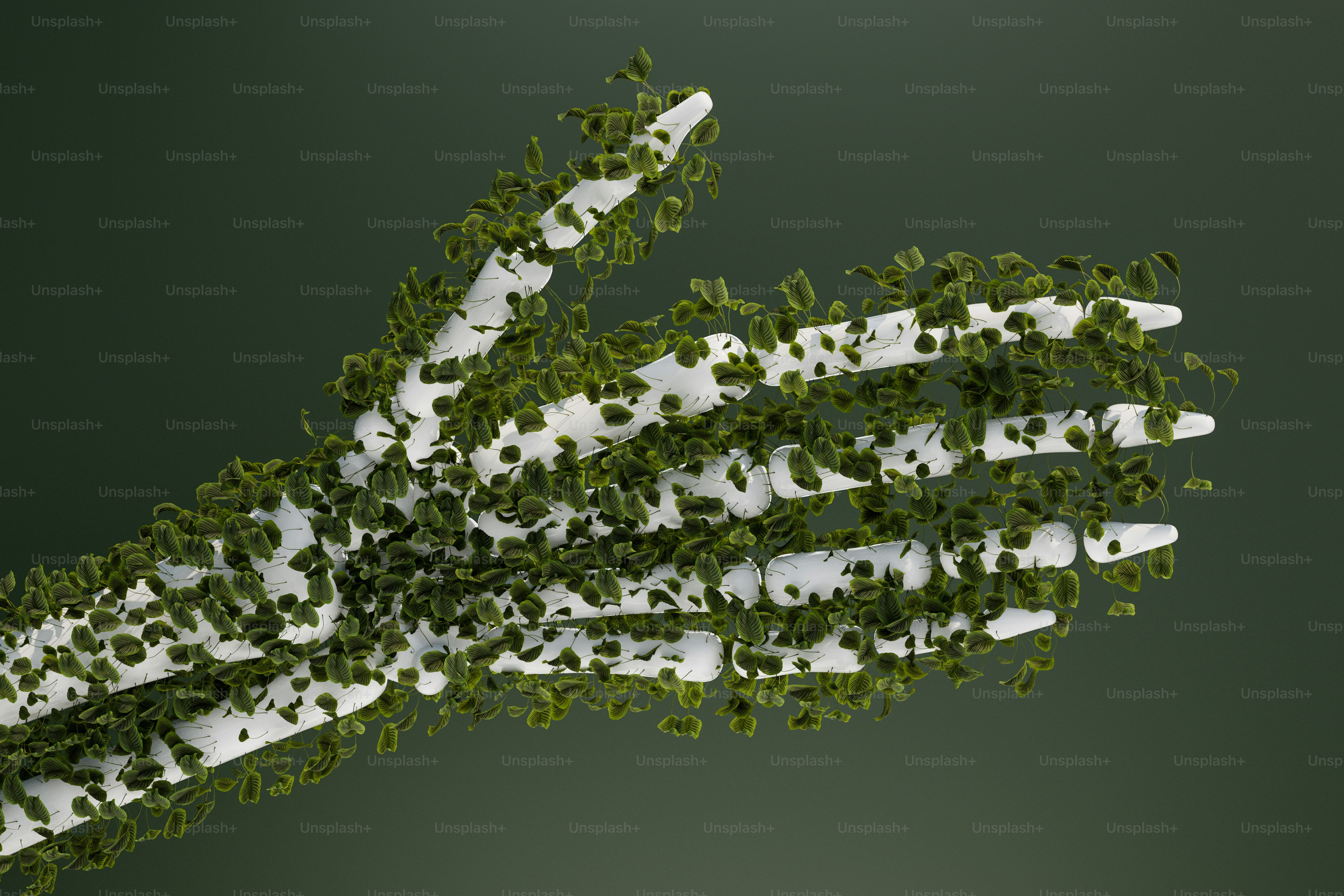 Un rendu 3D d’une main blanche squelettique couverte de petites feuilles vertes sur un fond sombre