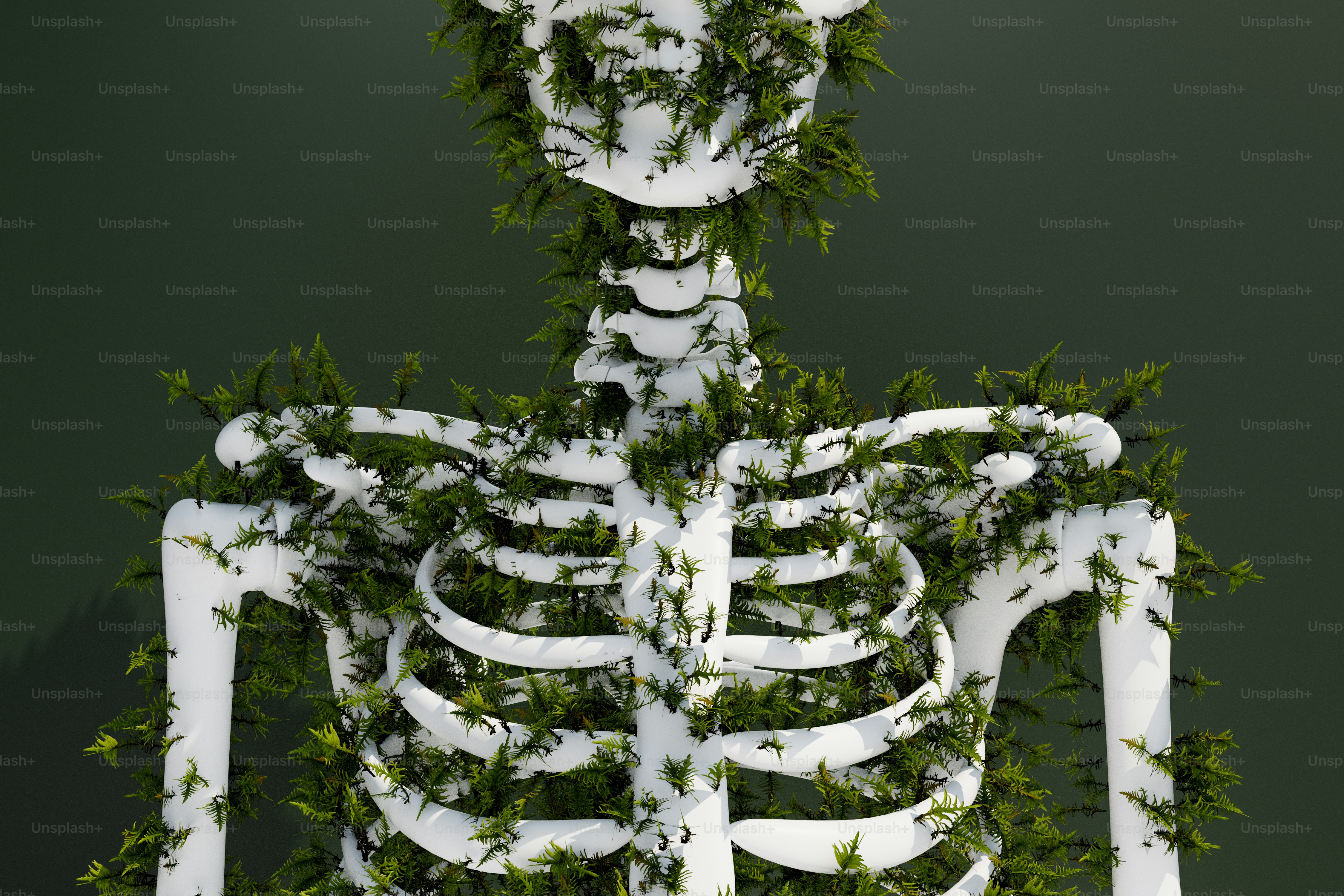 Un rendu 3D d’un squelette humain blanc recouvert de mousse verte sur un fond sombre