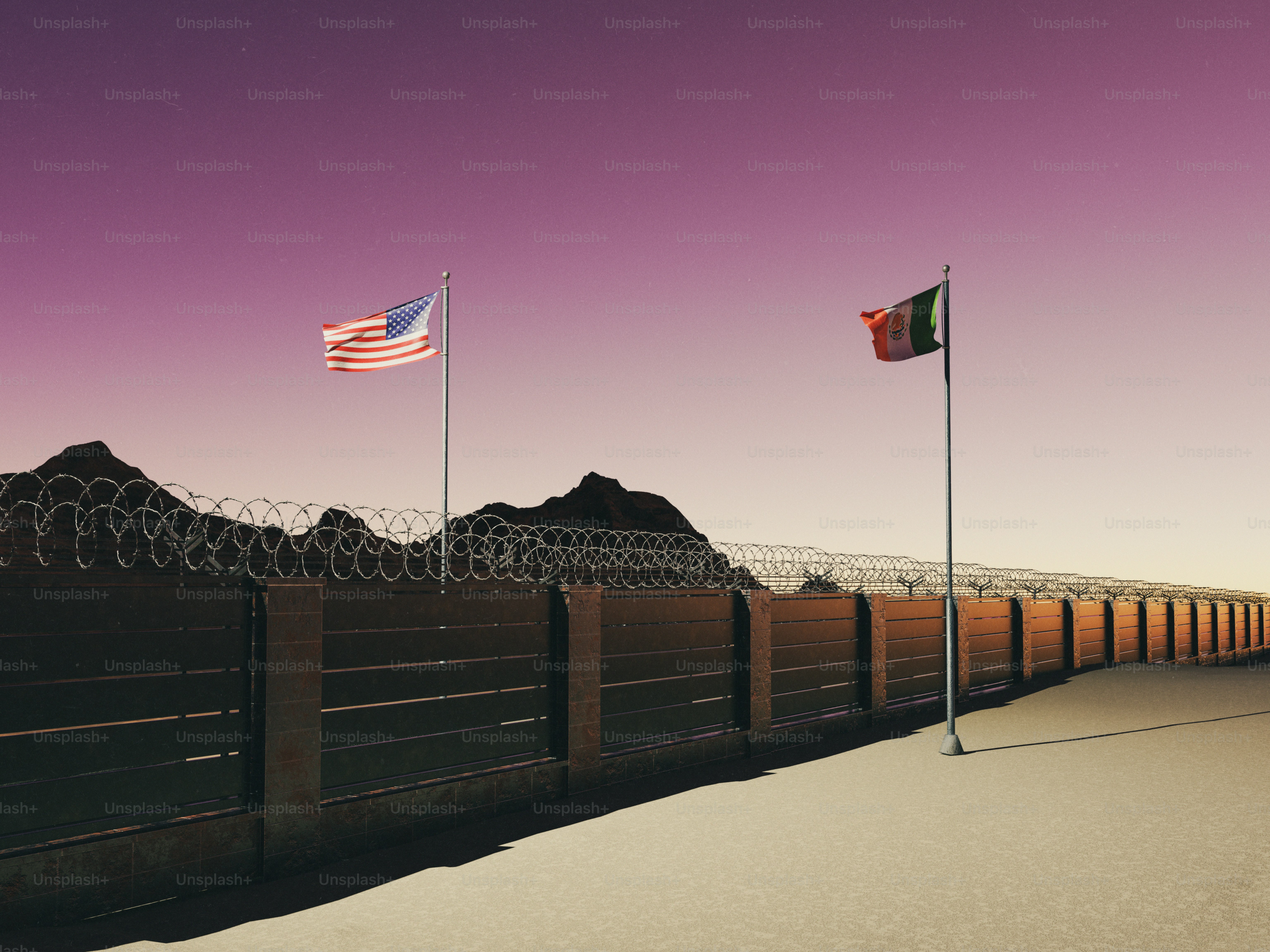 Una representación en 3D de las banderas de Estados Unidos y México ondeando sobre una valla fronteriza con alambre de espino