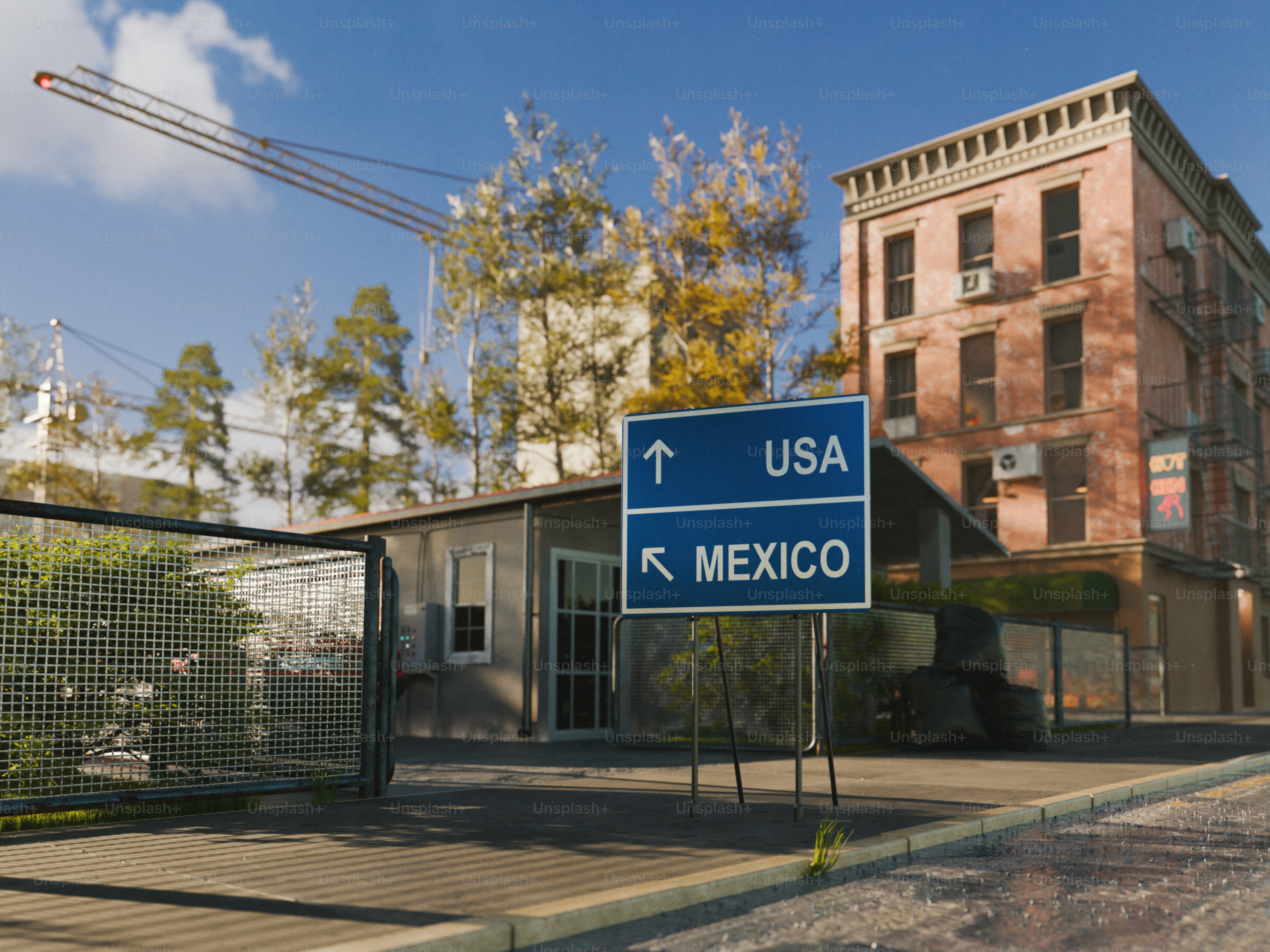 Un render 3D de un cartel de tráfico azul apuntando hacia Estados Unidos y México