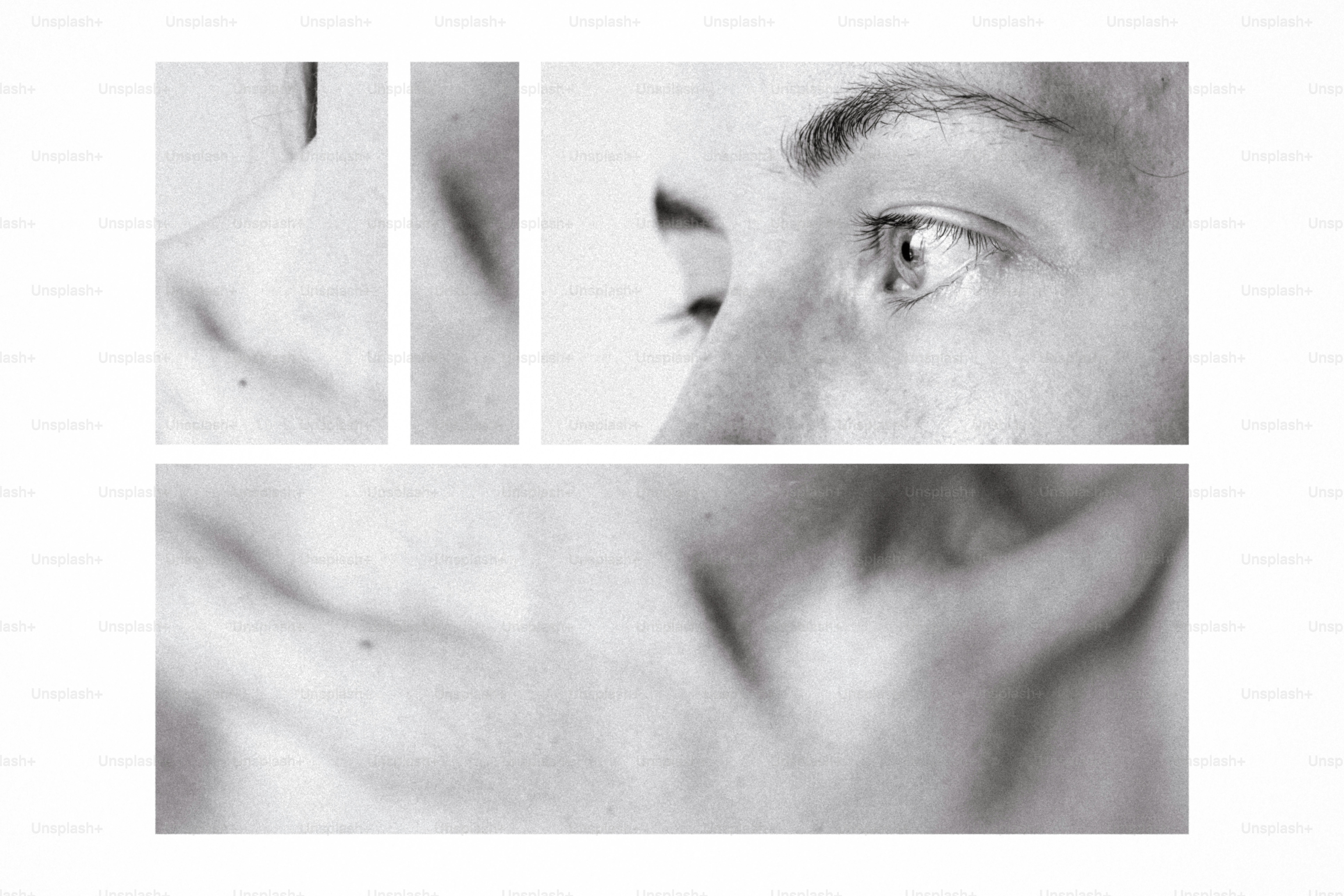 A black and white collage of a person's eye and facial features