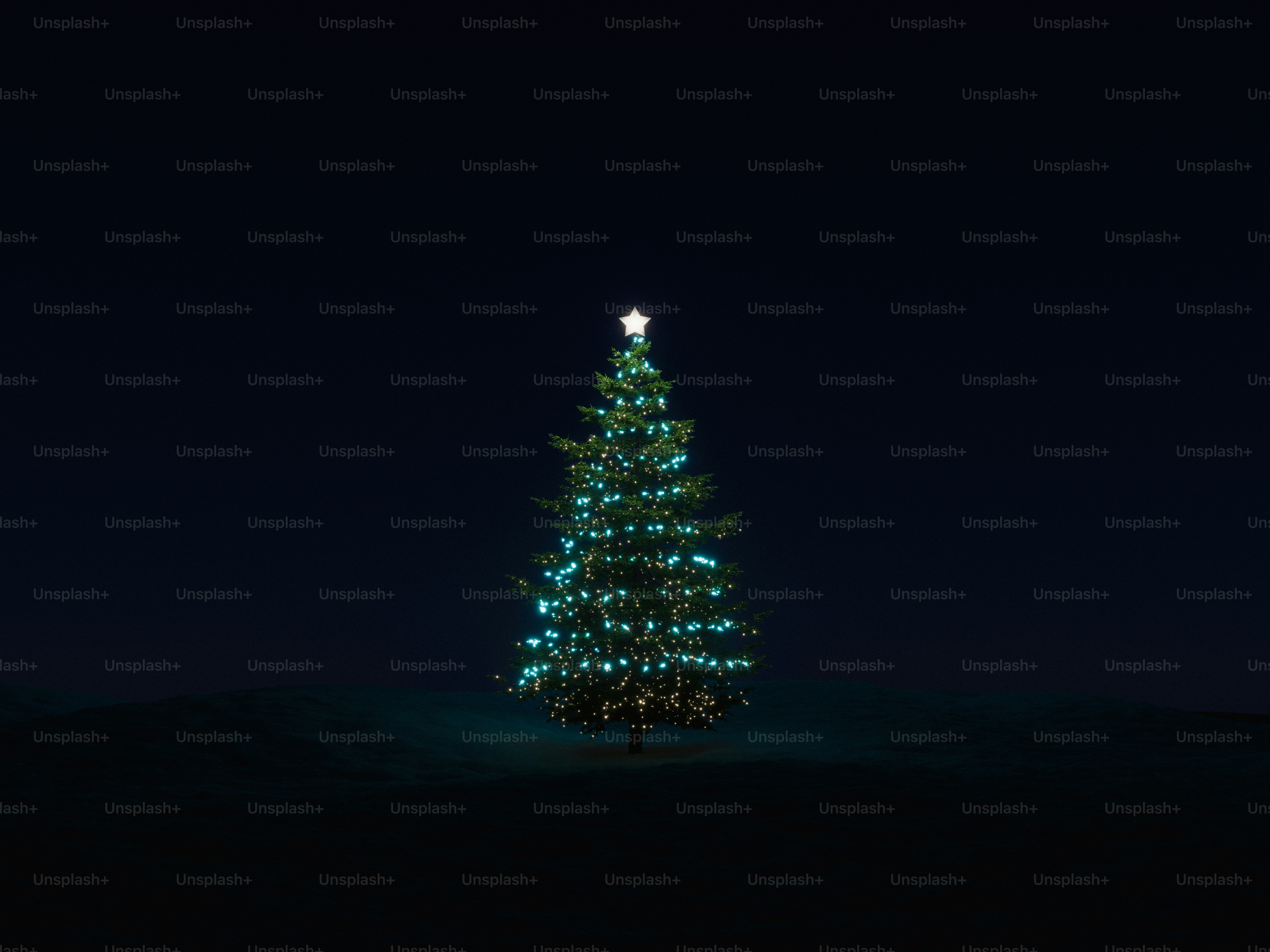 A 3D render of a Christmas tree with glowing blue lights and a star topper in darkness