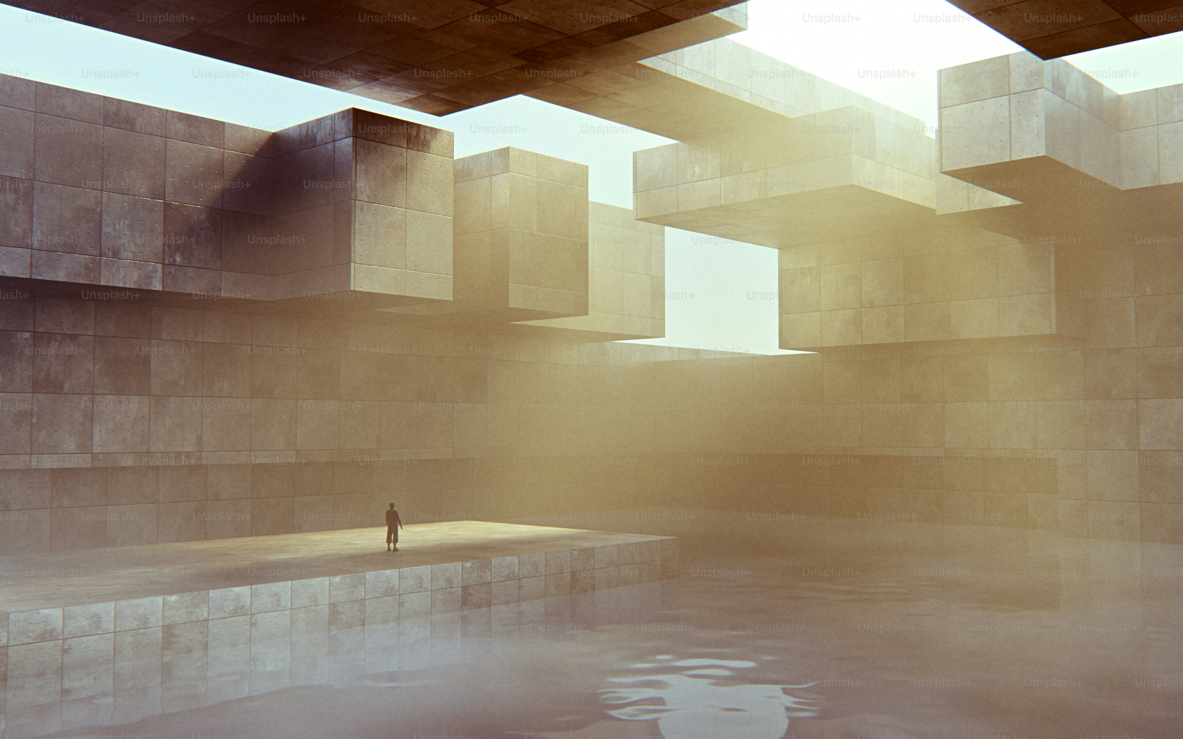 Un render 3D de una persona solitaria de pie sobre una plataforma de hormigón en un espacio arquitectónico brumoso y soleado
