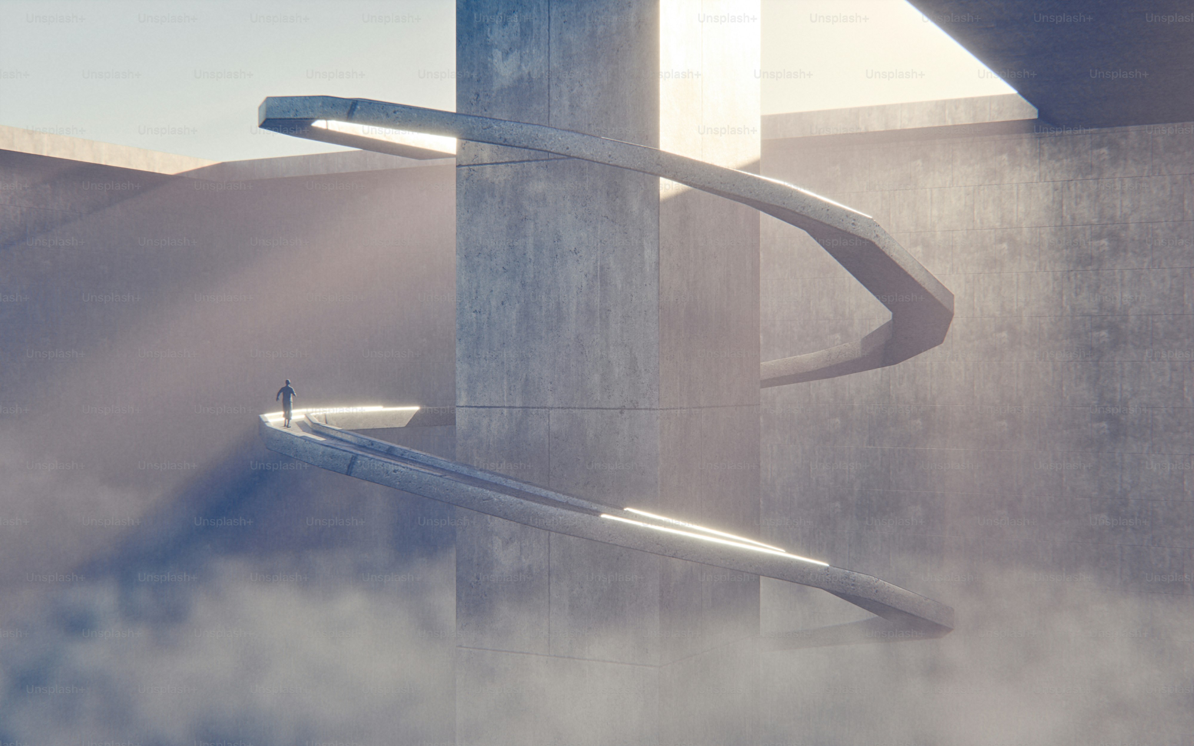 Un render 3D de una persona caminando por una rampa de hormigón en espiral sobre nubes
