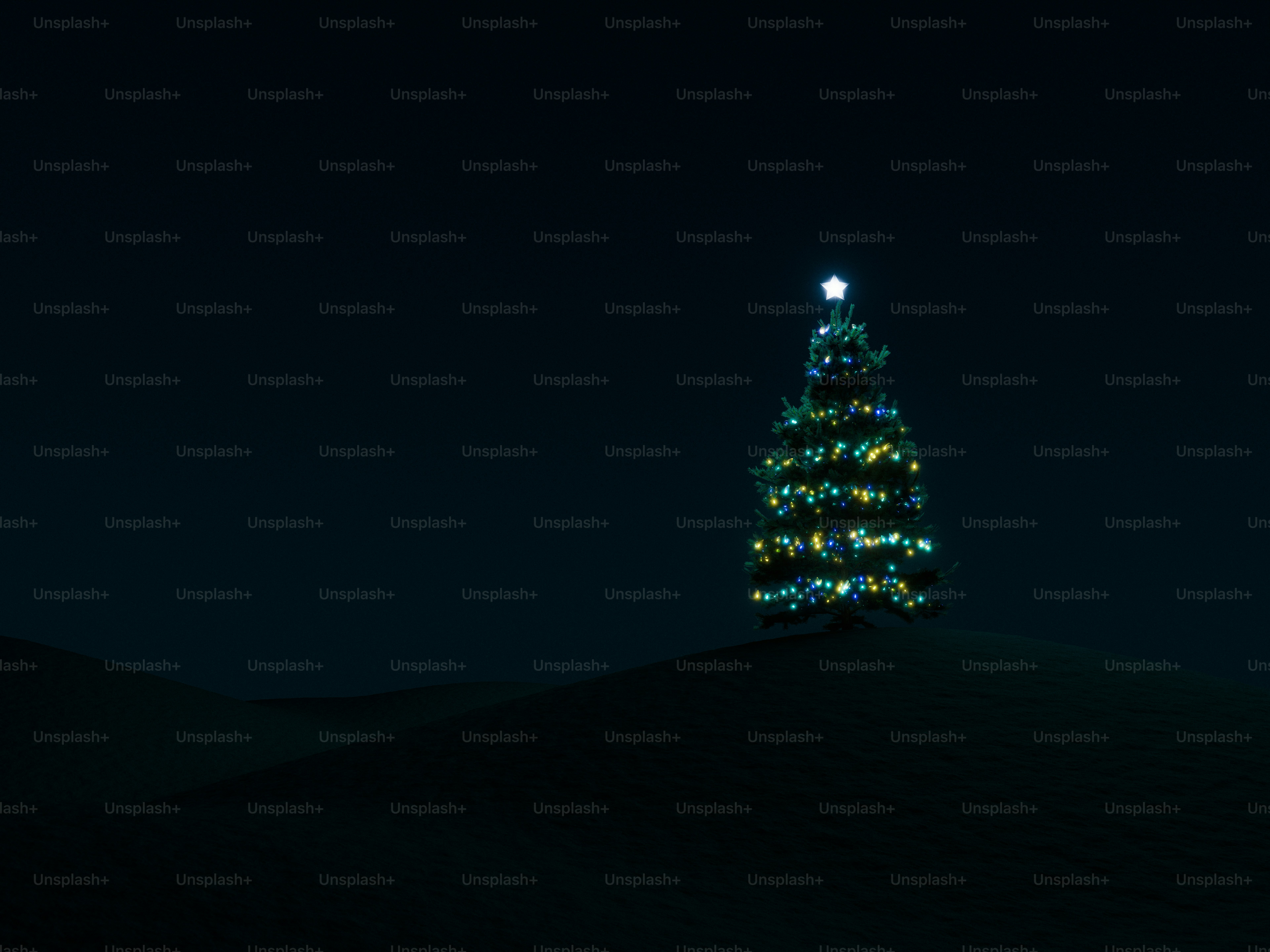 A 3D render of a glowing Christmas tree with a star topper on a dark hill