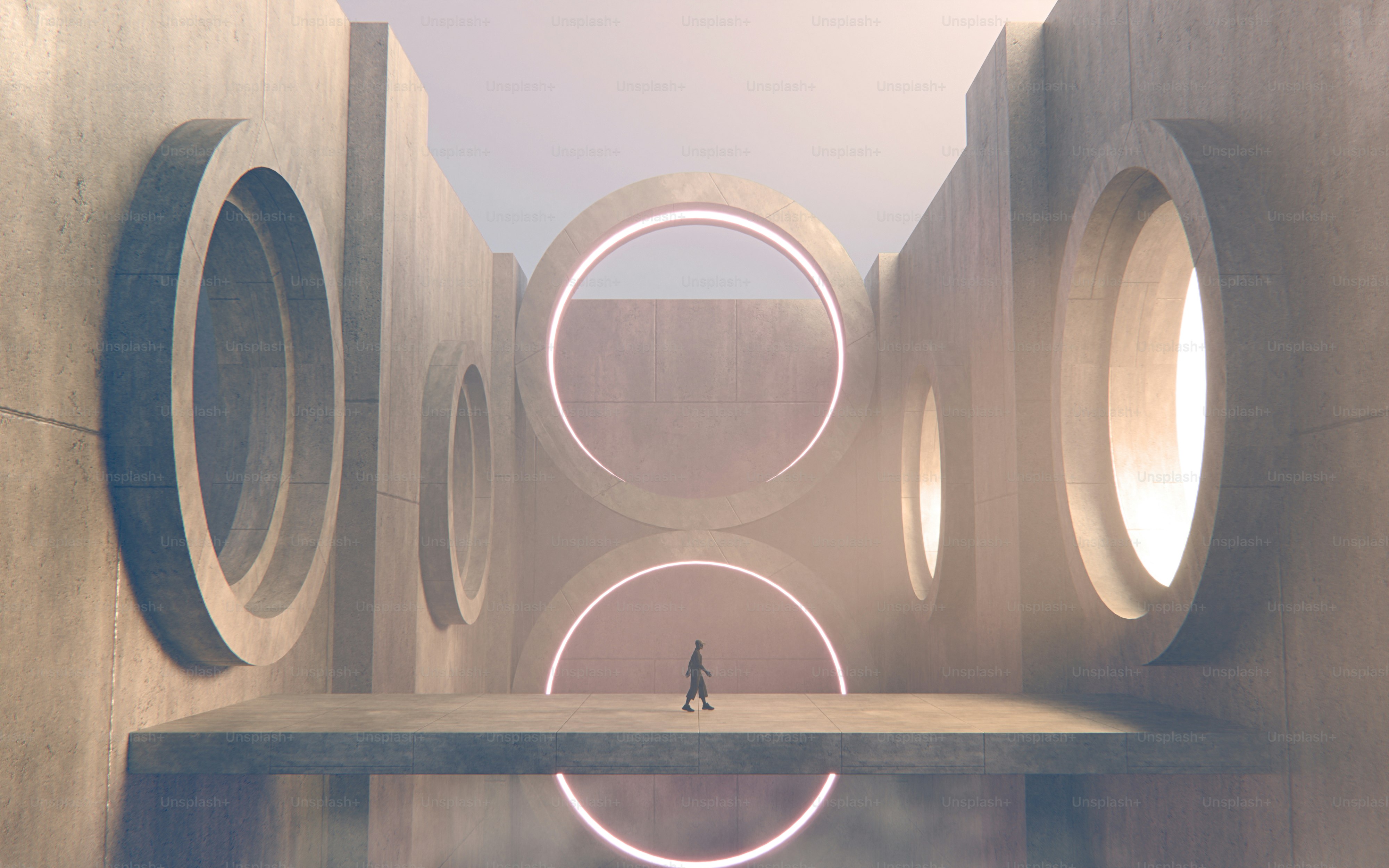 Un render 3D de una persona caminando por un puente de hormigón entre grandes portales circulares brillantes