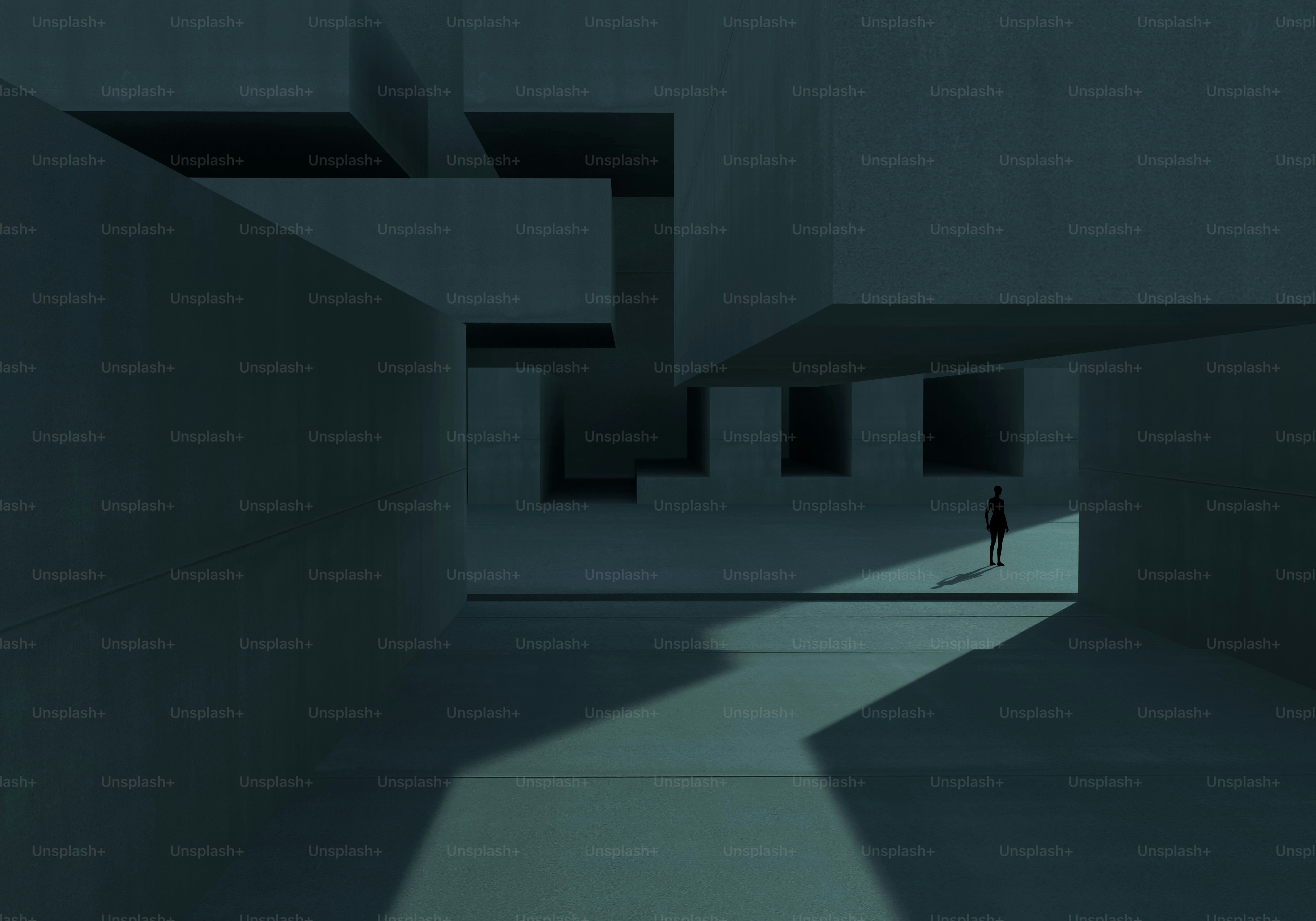 A 3D render of a lone person standing in a vast dark concrete architectural space