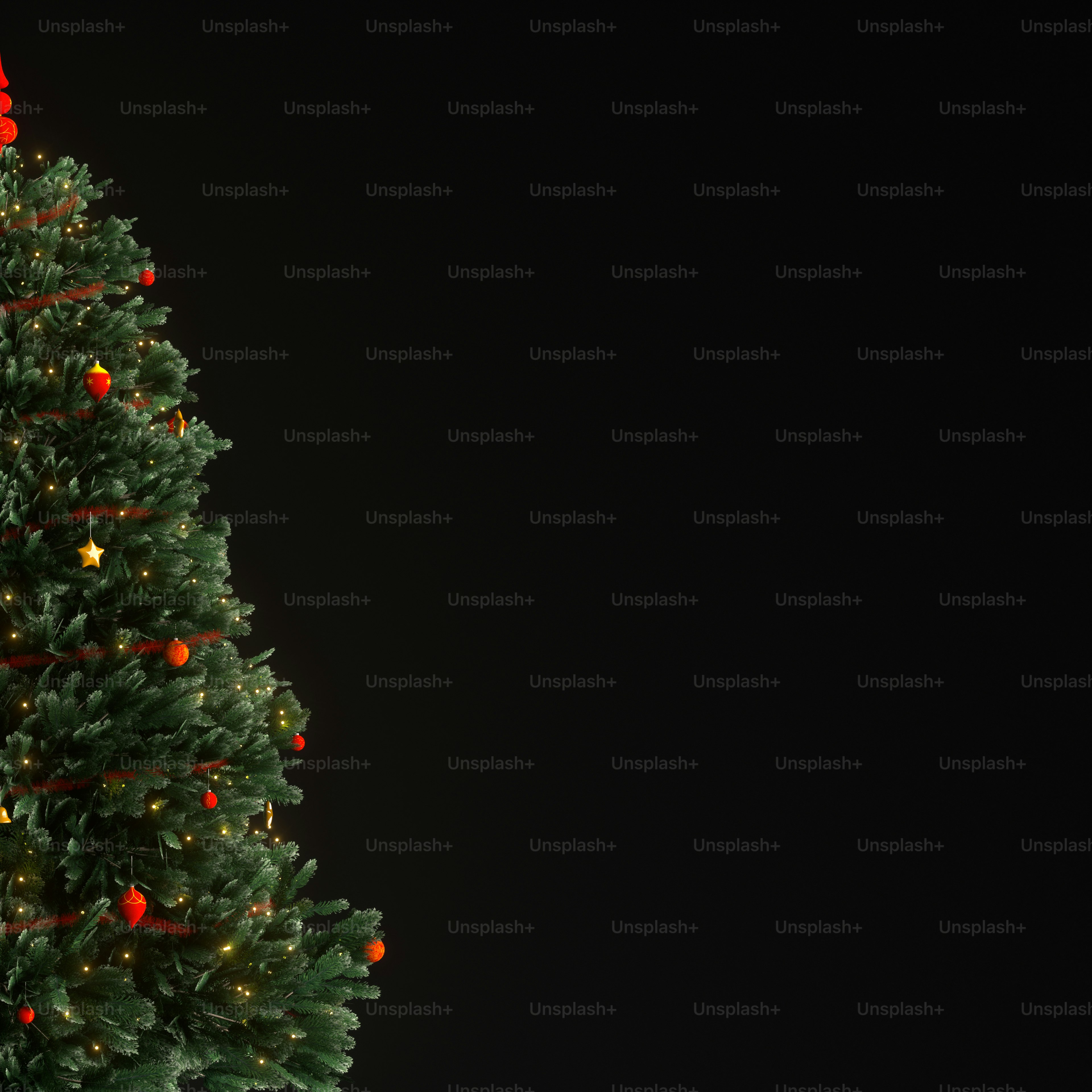 Ein 3D-Rendering eines geschmückten Weihnachtsbaums links vor schwarzem Hintergrund