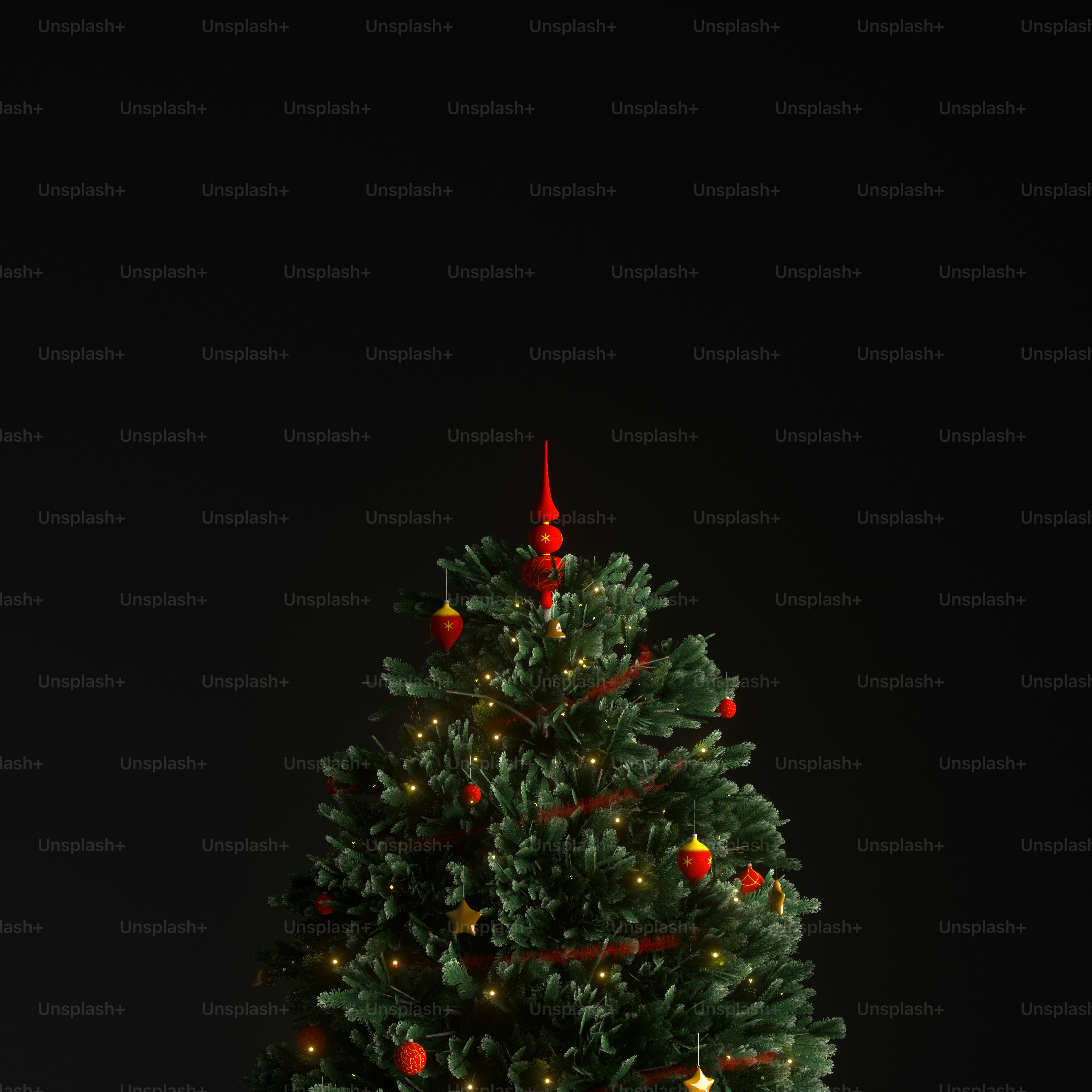 Ein 3D-Rendering eines geschmückten Weihnachtsbaums mit roten Ornamenten und warmen Lichtern vor schwarzem Hintergrund