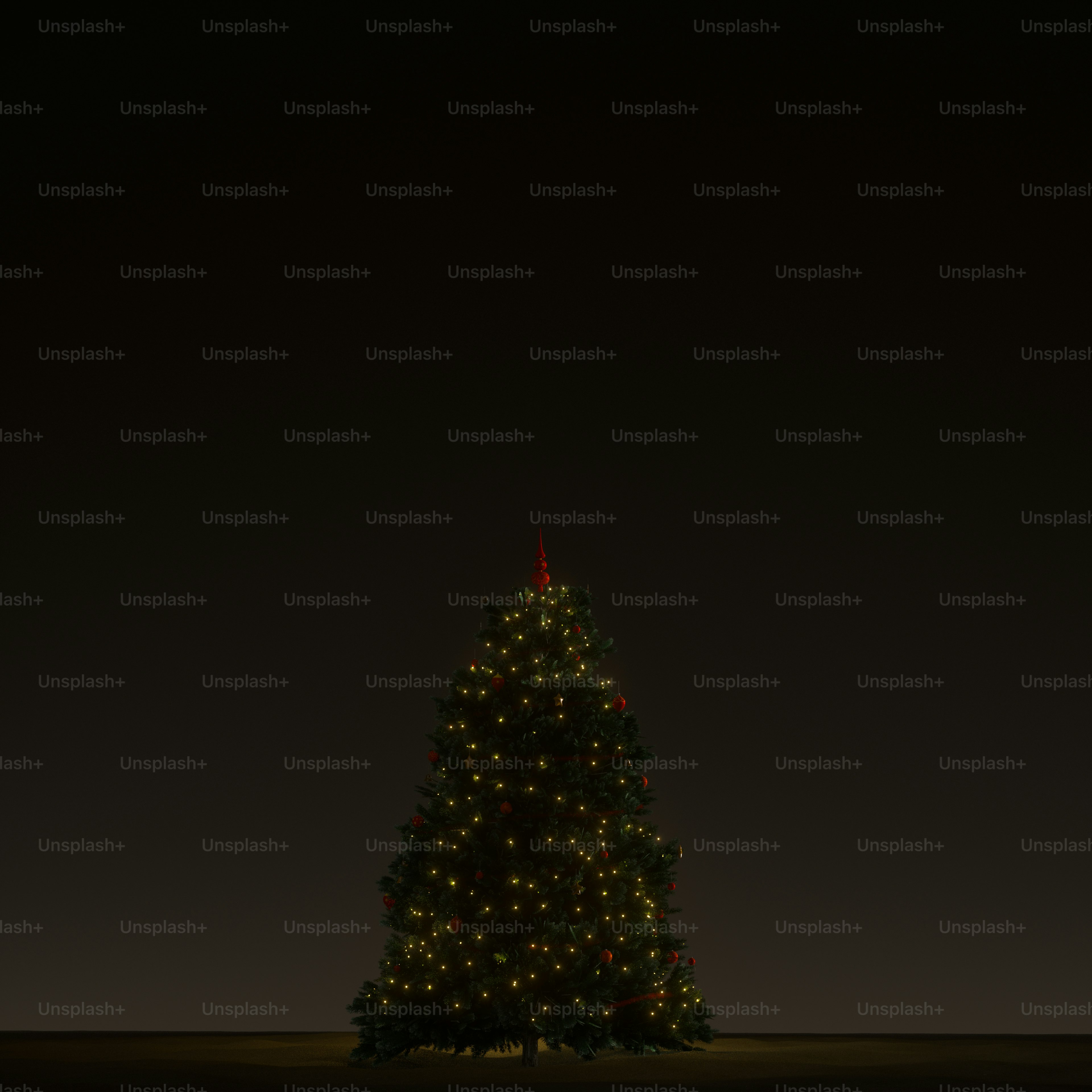 Ein 3D-Rendering eines geschmückten Weihnachtsbaums, der in einem dunklen Raum mit warmem Licht leuchtet