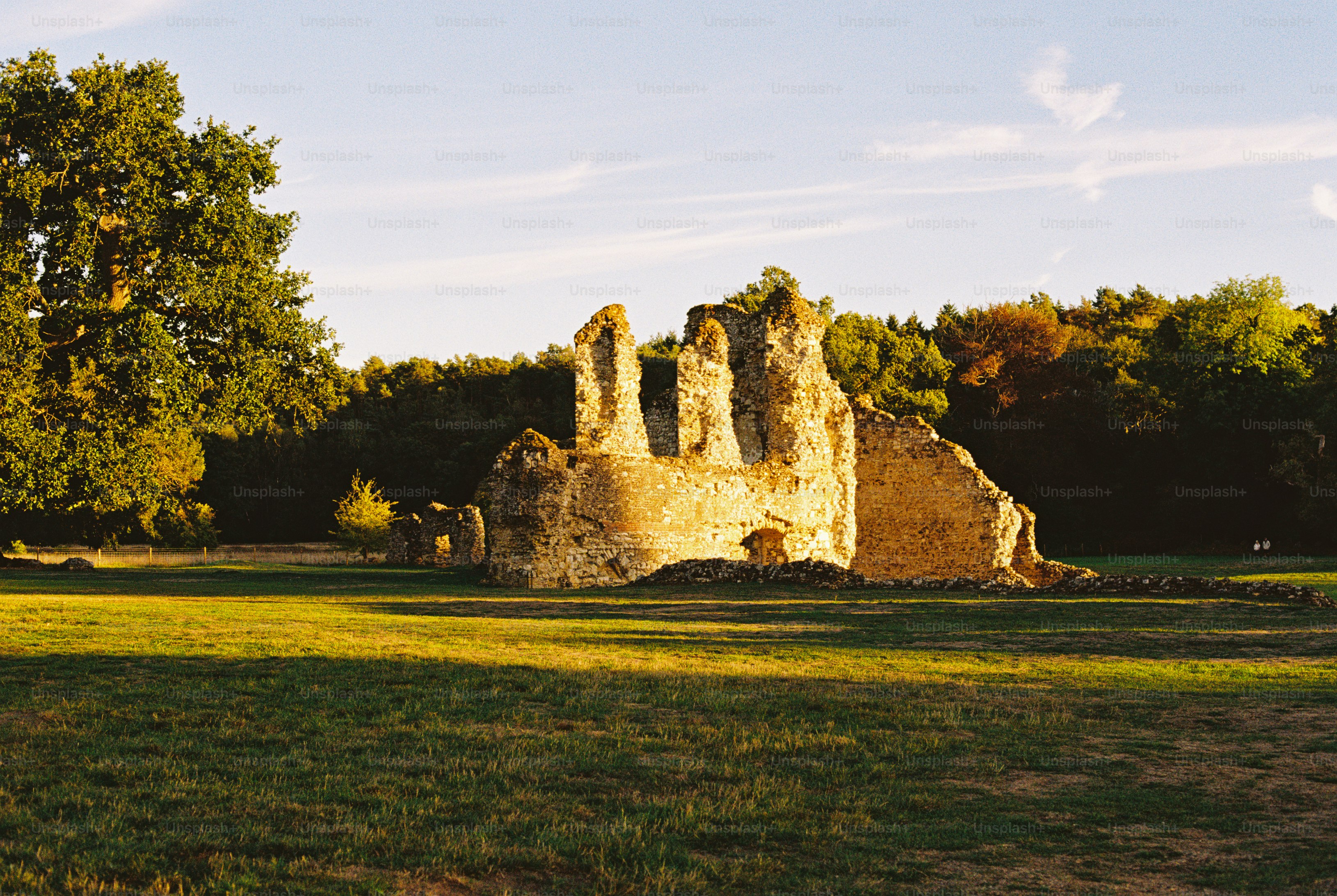 Stone ruins of an old building in a grassy field during golden hour