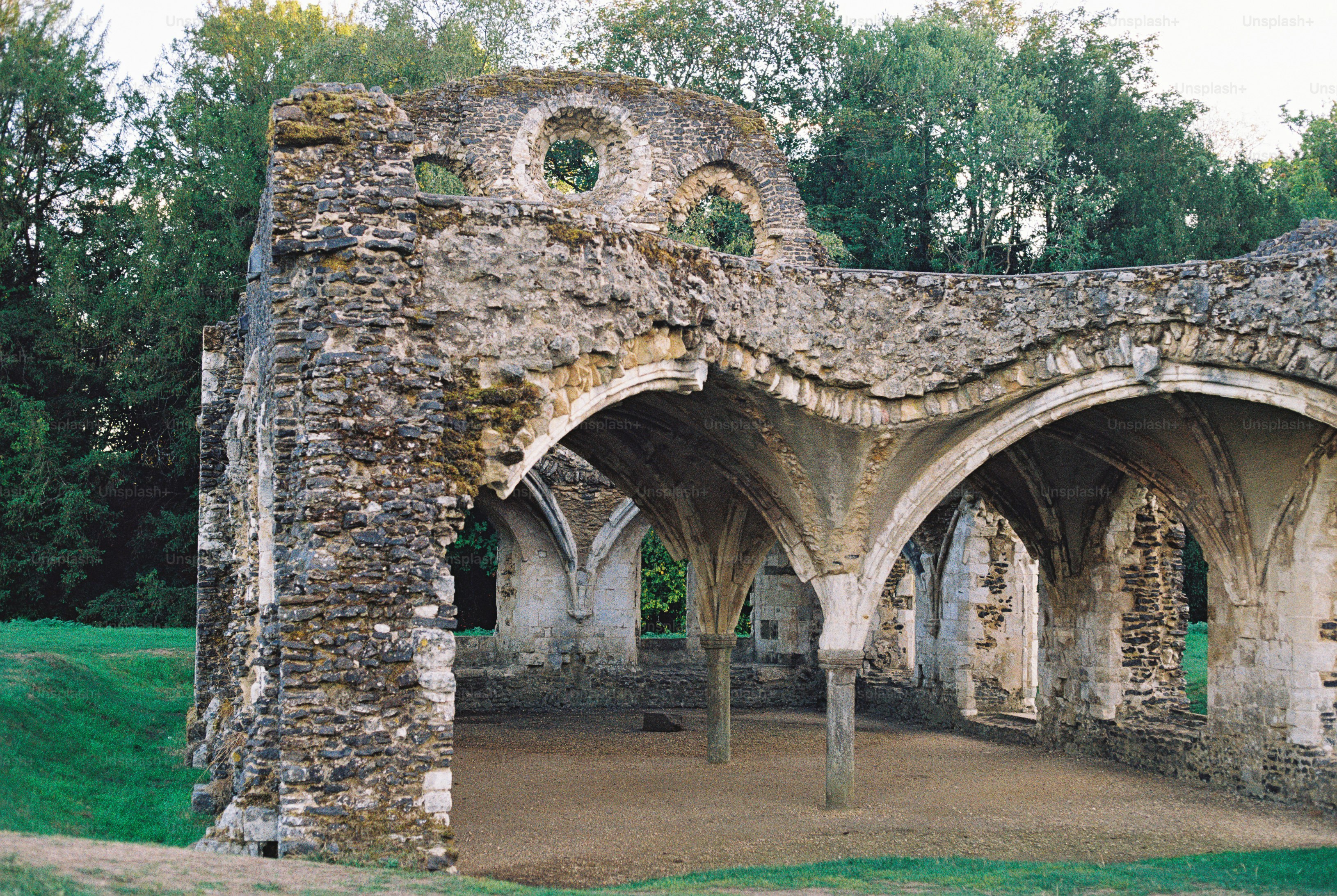 Stone arches of a ruined medieval building surrounded by green trees