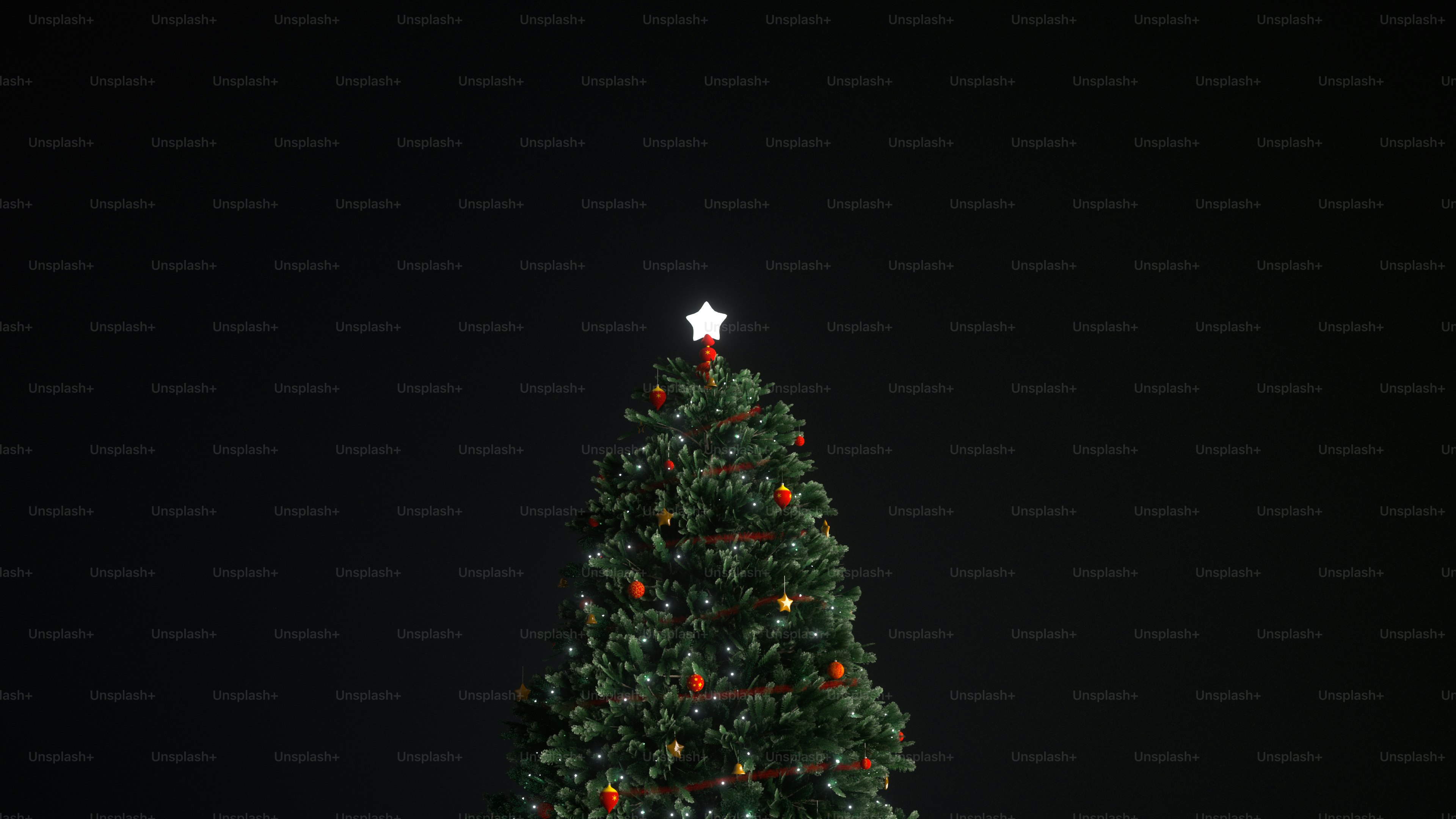 Ein 3D-Rendering eines geschmückten Weihnachtsbaums mit einem leuchtenden Stern vor schwarzem Hintergrund