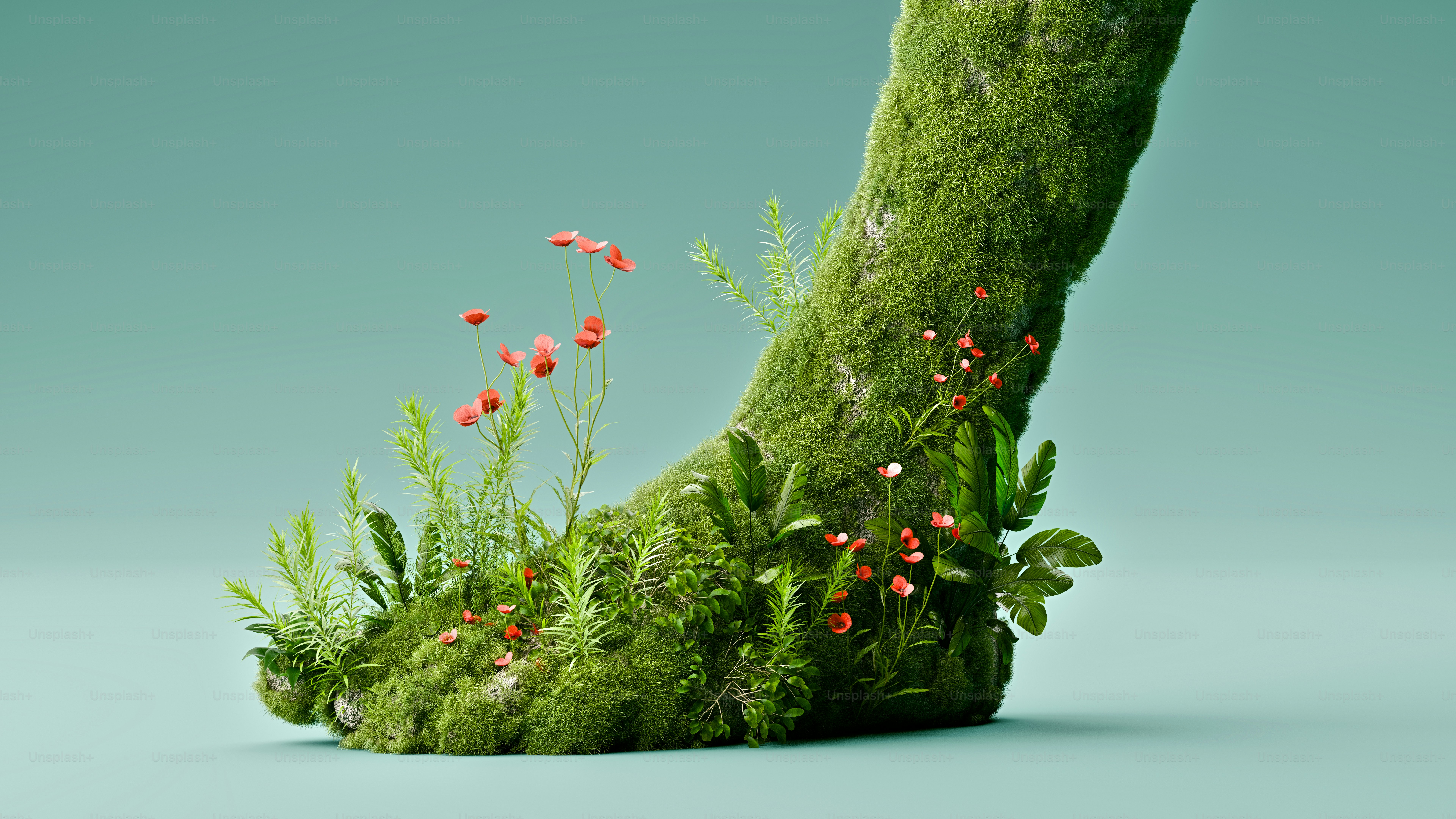 A 3D render of a human foot shape covered in moss and small red flowers