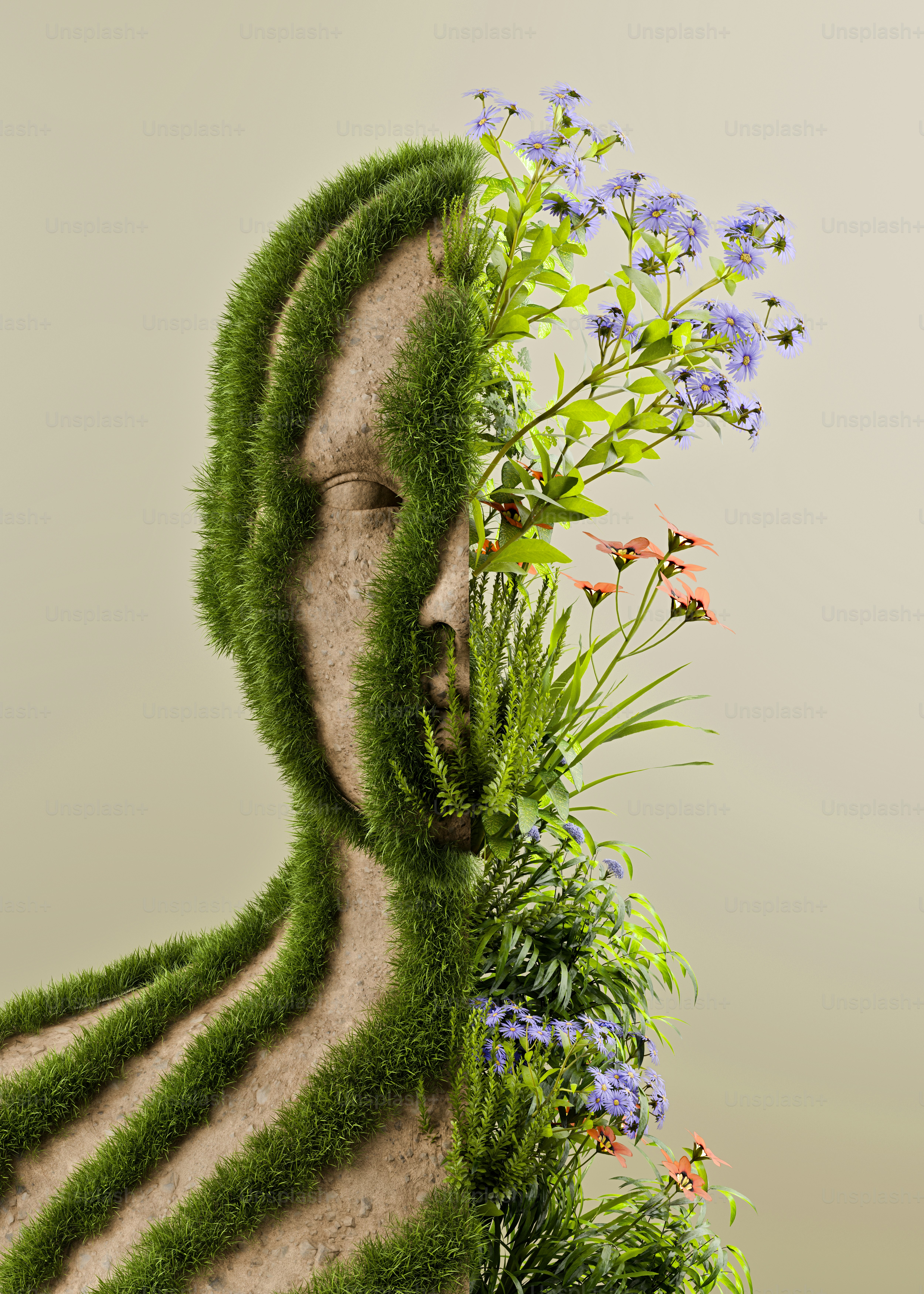 A 3D render of a stone bust partially covered in green grass and blooming wildflowers