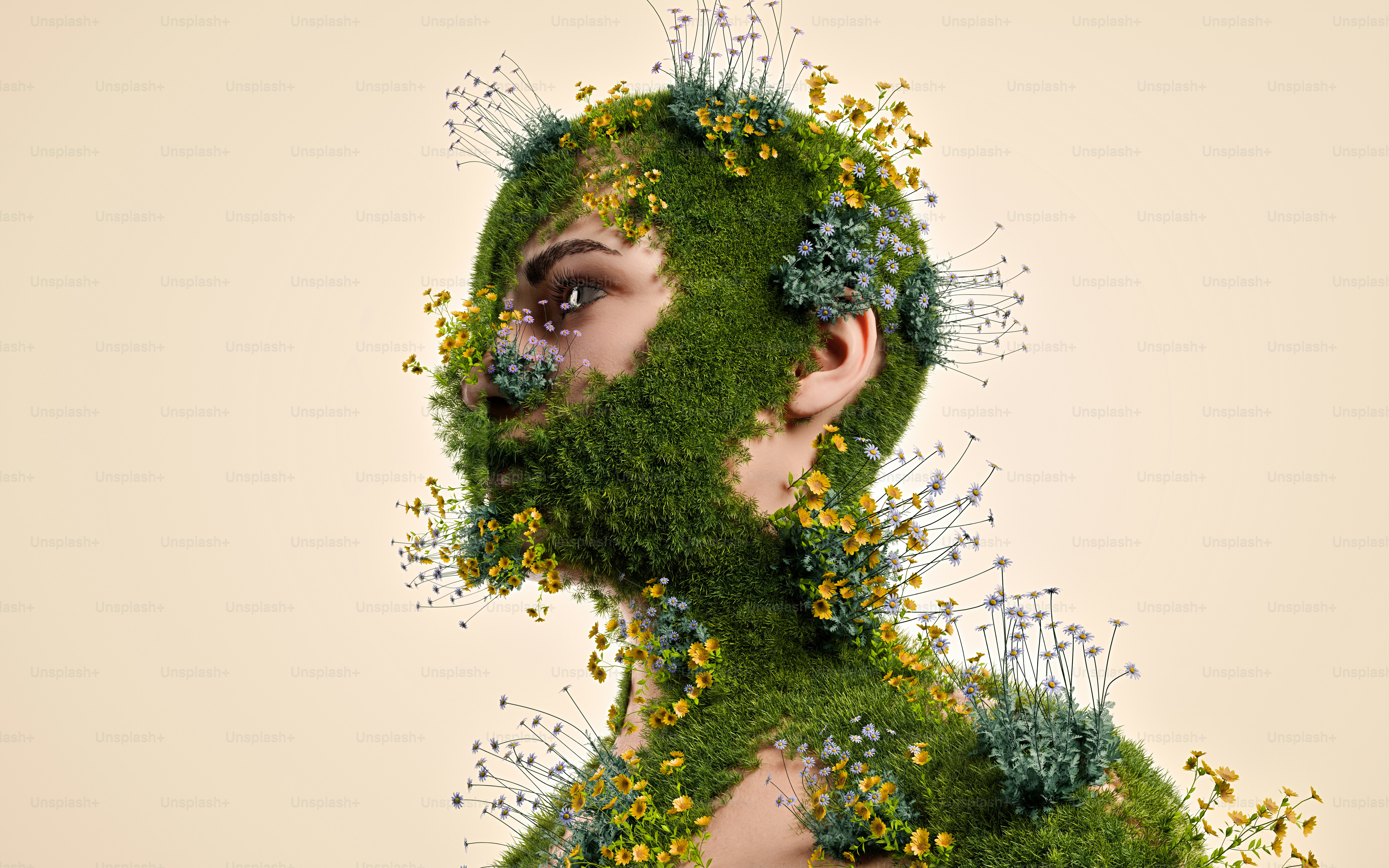 A 3D render of a person covered in green moss and small wildflowers against a beige background