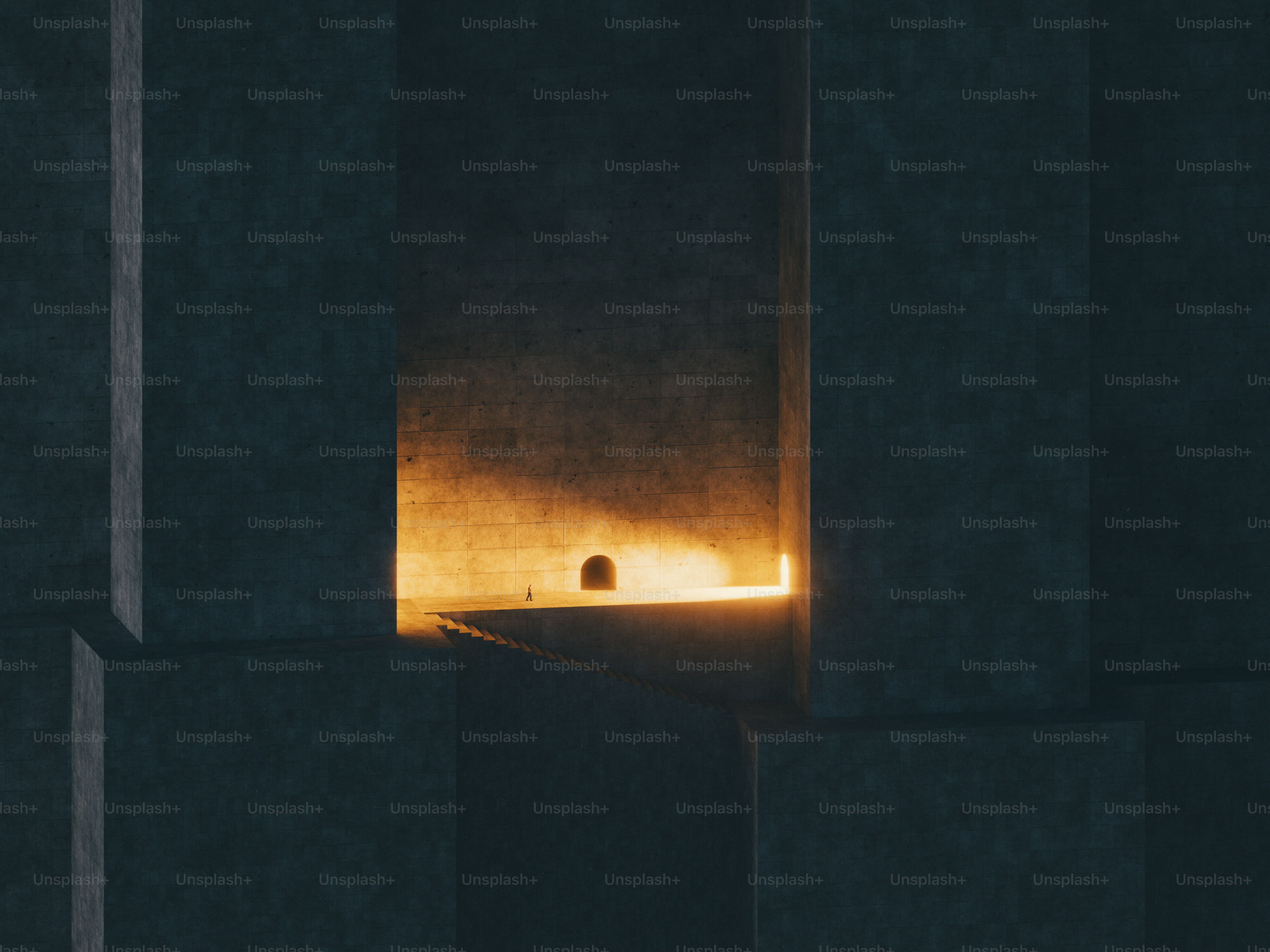 A 3D render of a tiny person walking toward a glowing doorway in a massive dark concrete structure