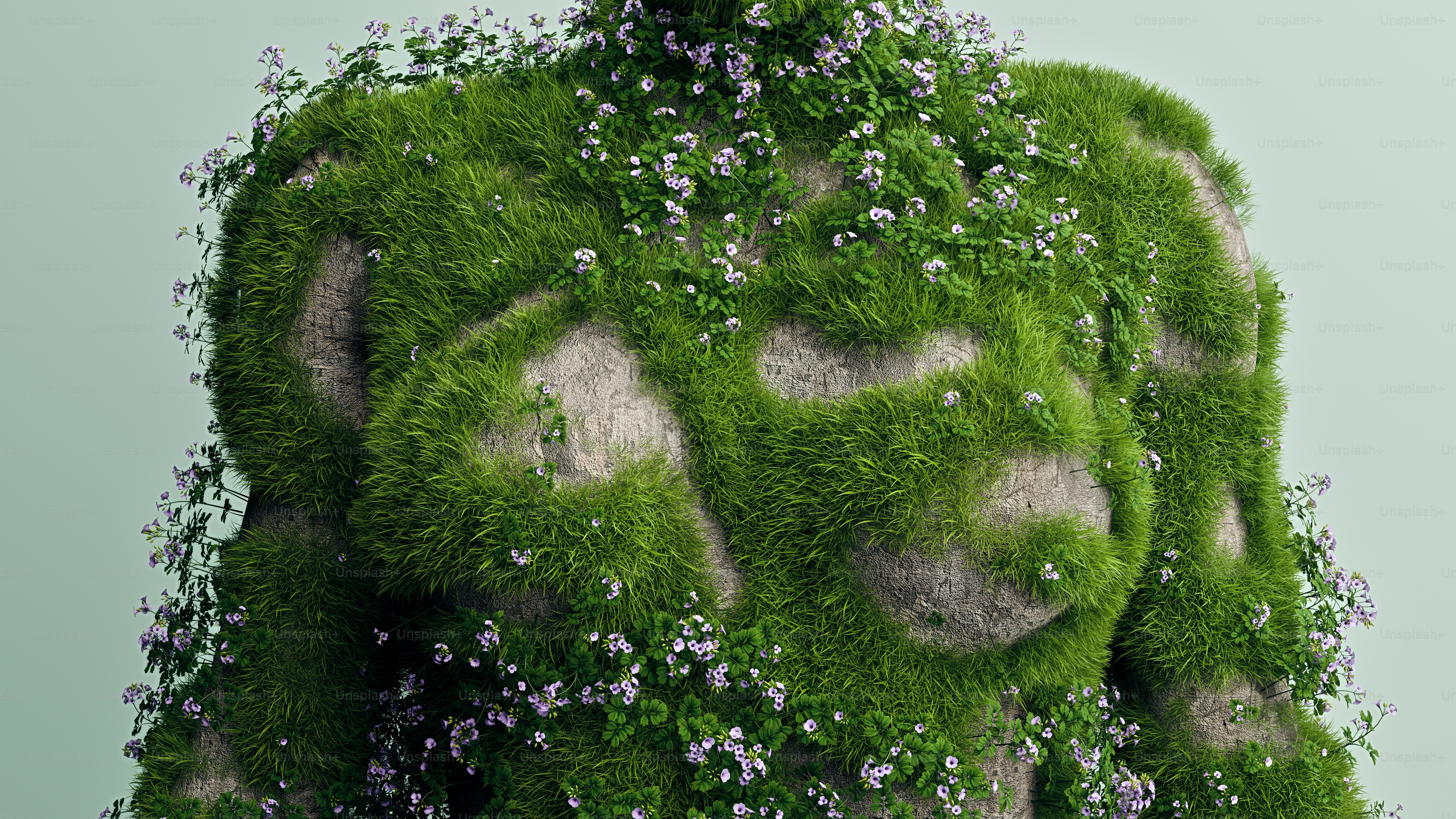 A 3D render of a human torso covered in lush green grass and small purple flowers