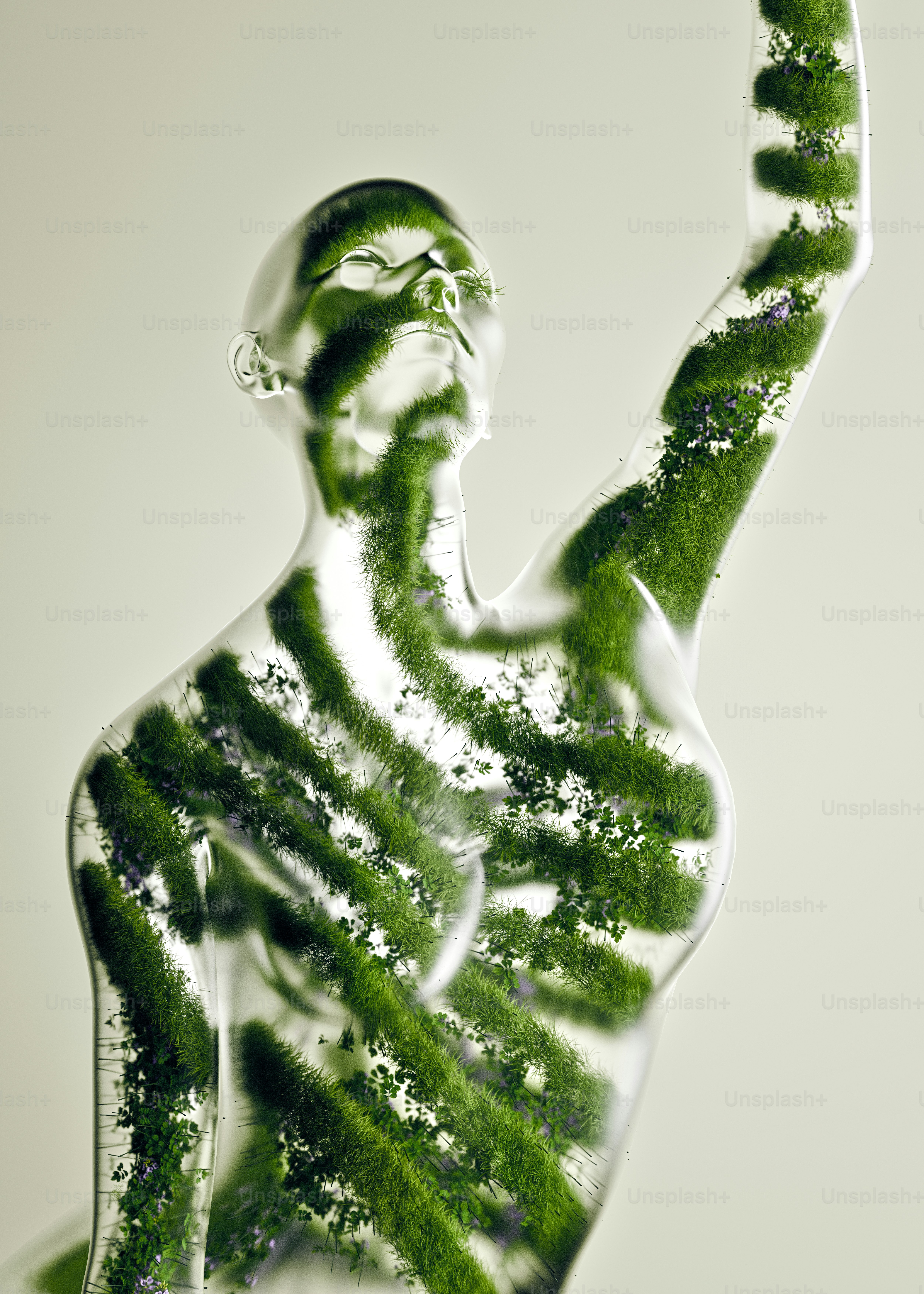 A 3D render of a translucent human figure filled with lush green grass and small purple flowers