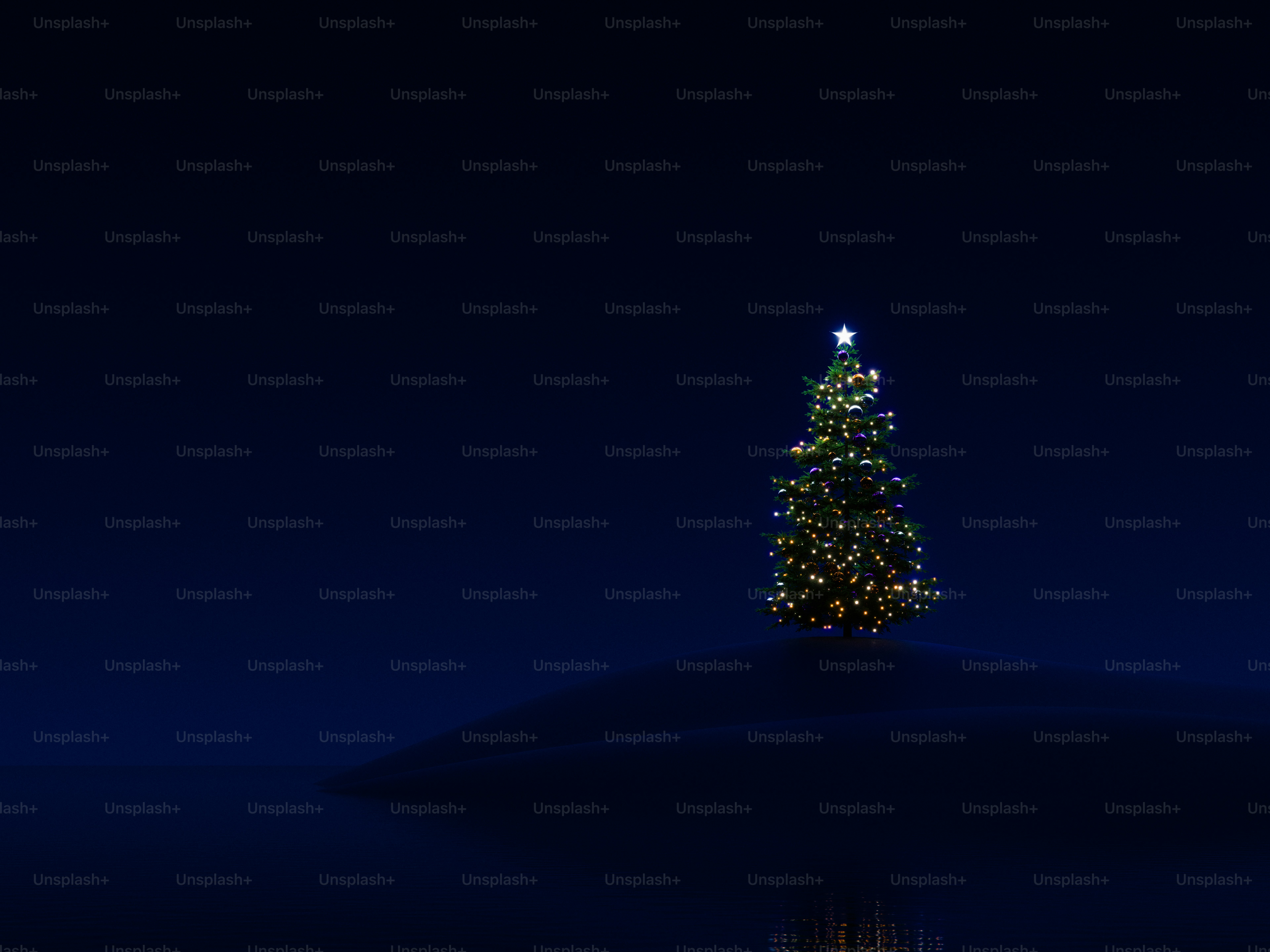 A 3D render of a glowing Christmas tree on a dark hill at night
