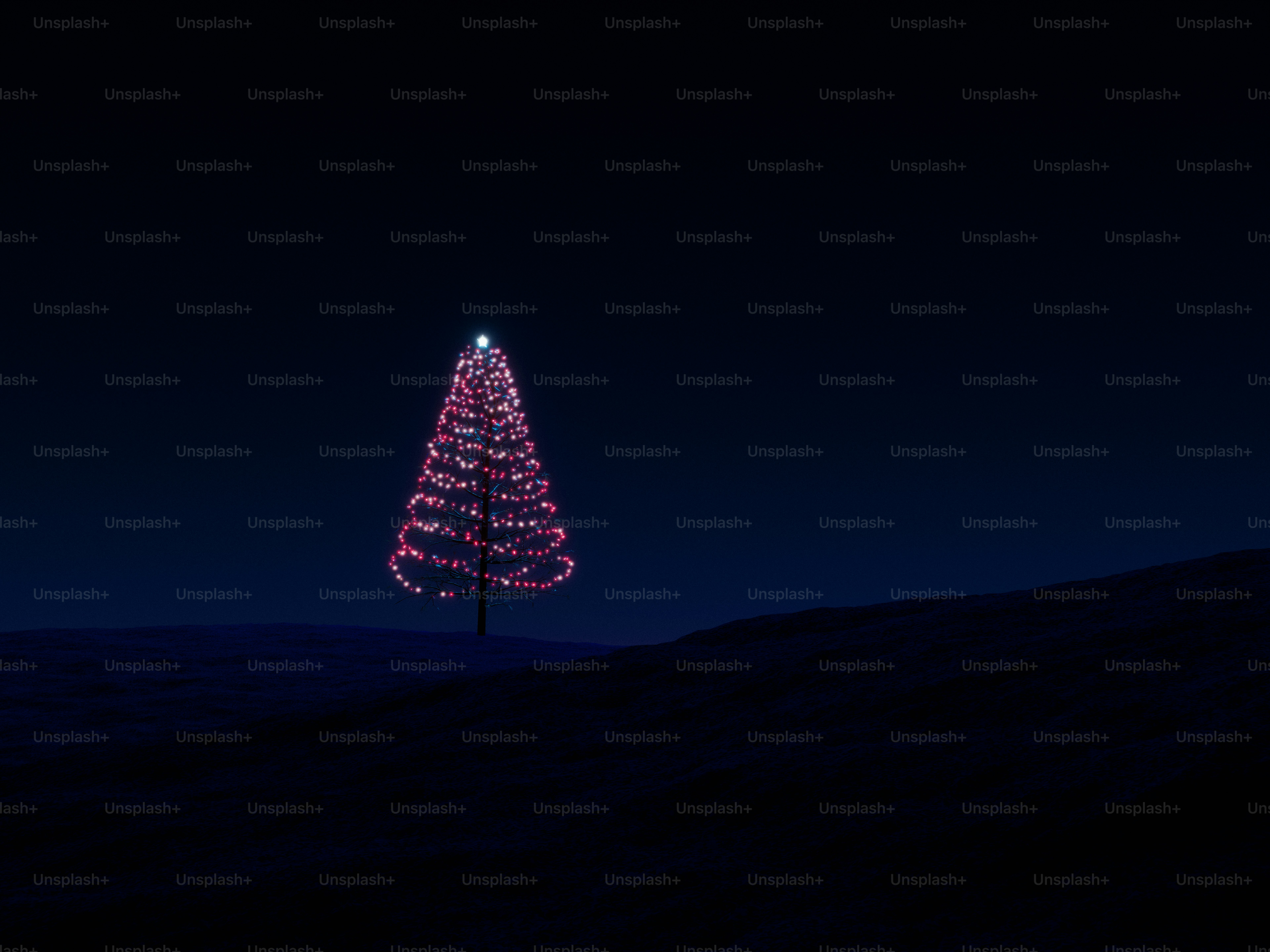 A 3D render of a lone Christmas tree with glowing red lights on a dark hillside