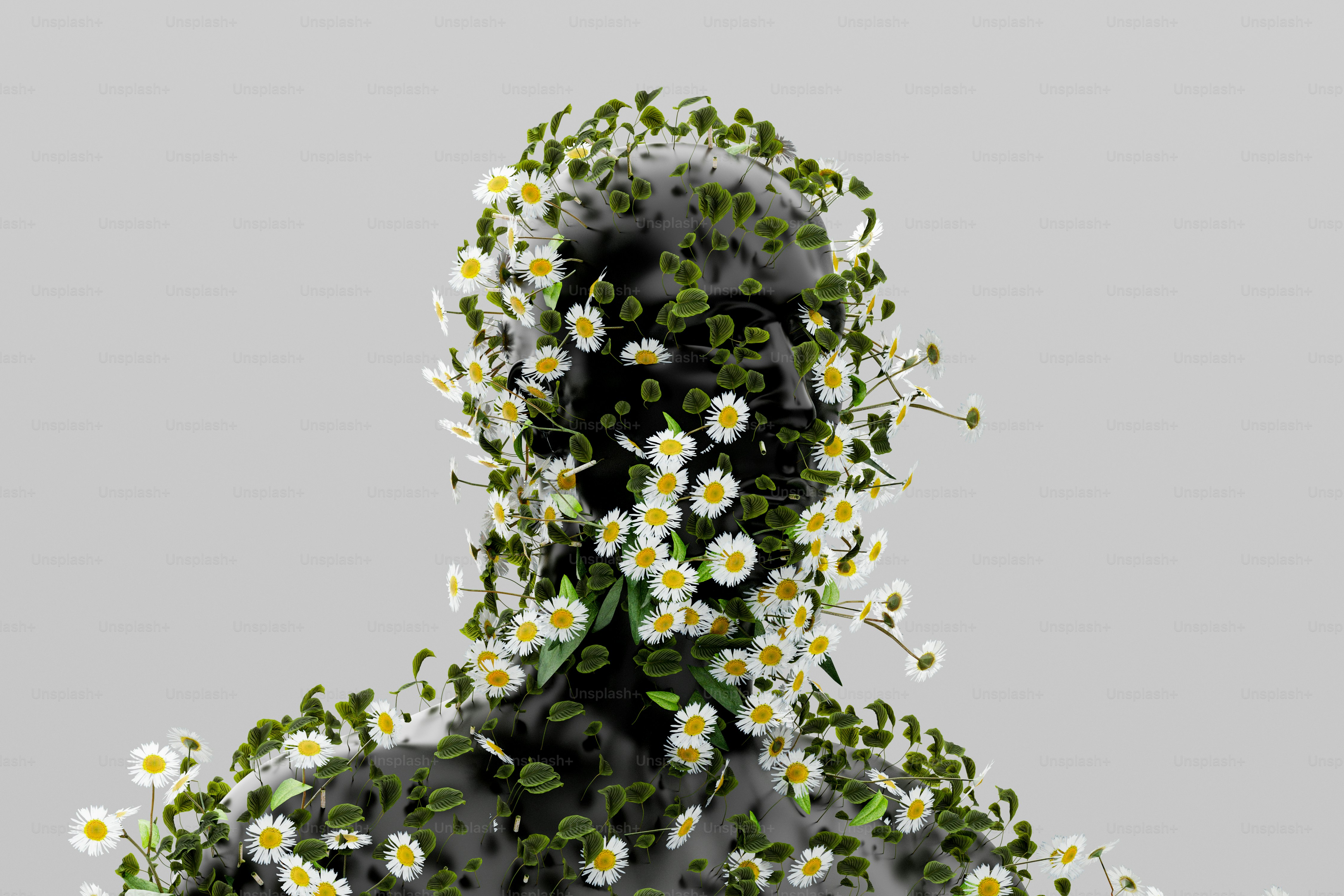 Una rappresentazione 3D di una testa di manichino nera lucida coperta di margherite bianche e foglie verdi