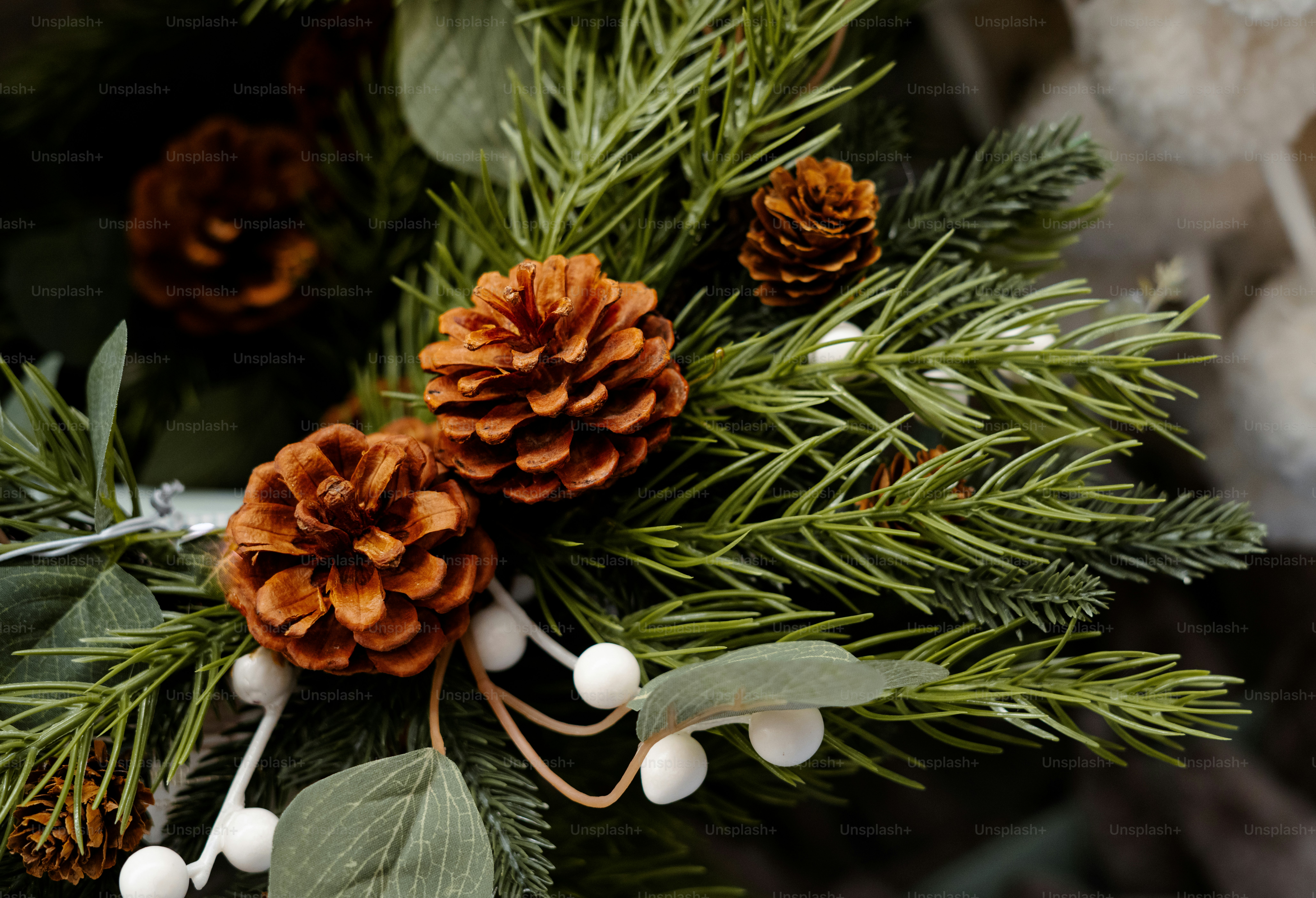 Pine cones and green fir branches with small white berries in a festive arrangement
