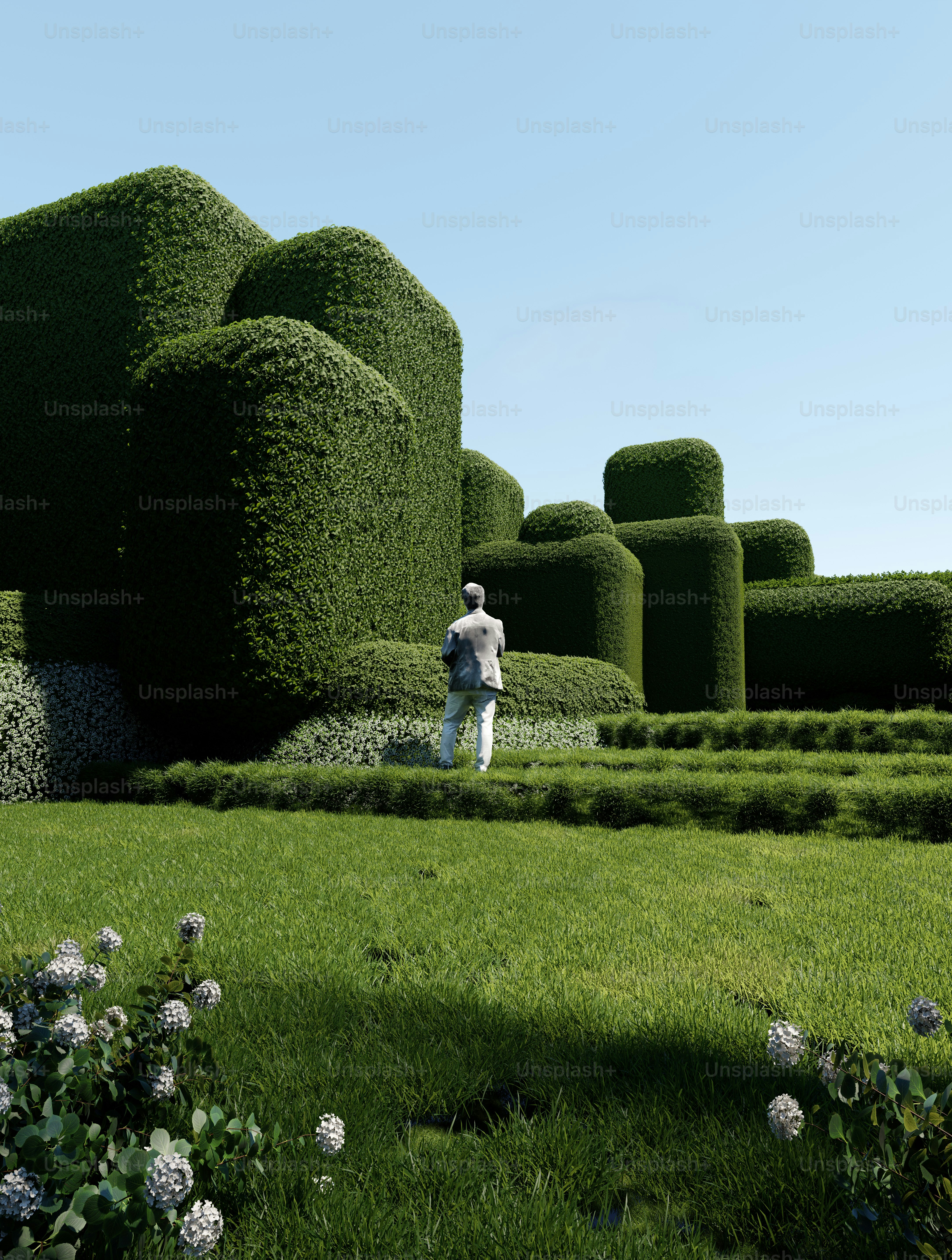 A 3D render of a person standing before large sculpted hedges in a sunny garden