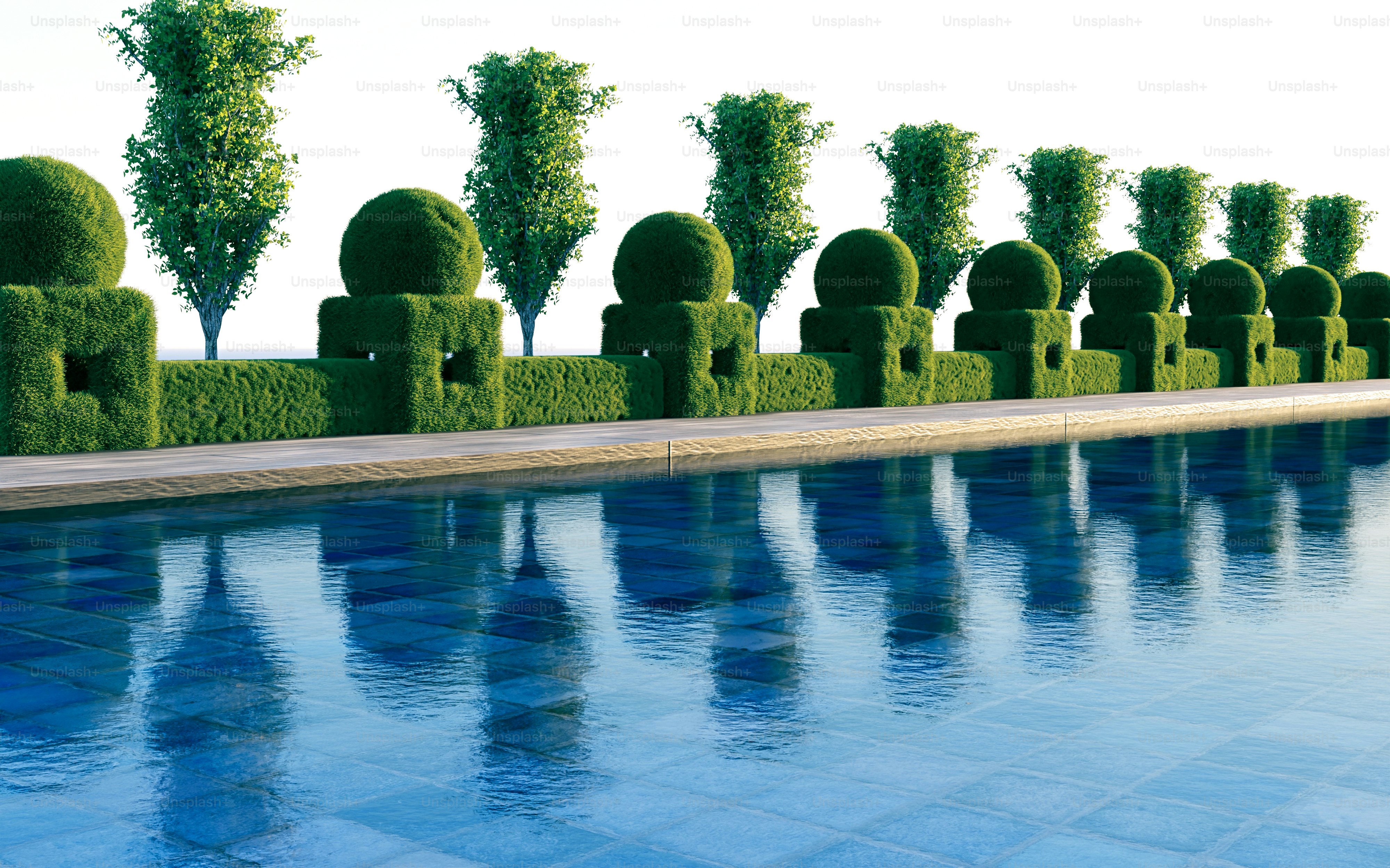Un render 3D de una piscina con agua azulada que refleja setos topiarios y árboles altos bien cuidados