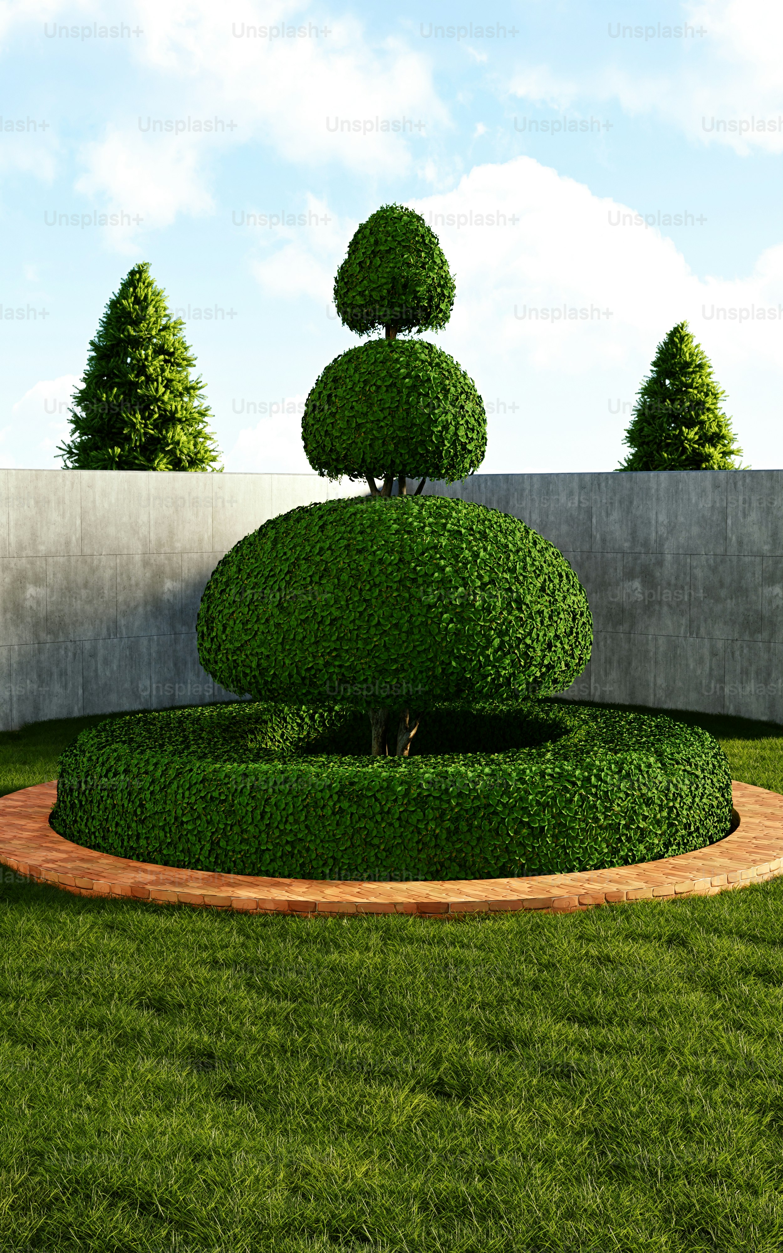 Un render 3D de un árbol topiario escalonado en un jardín con un muro de hormigón