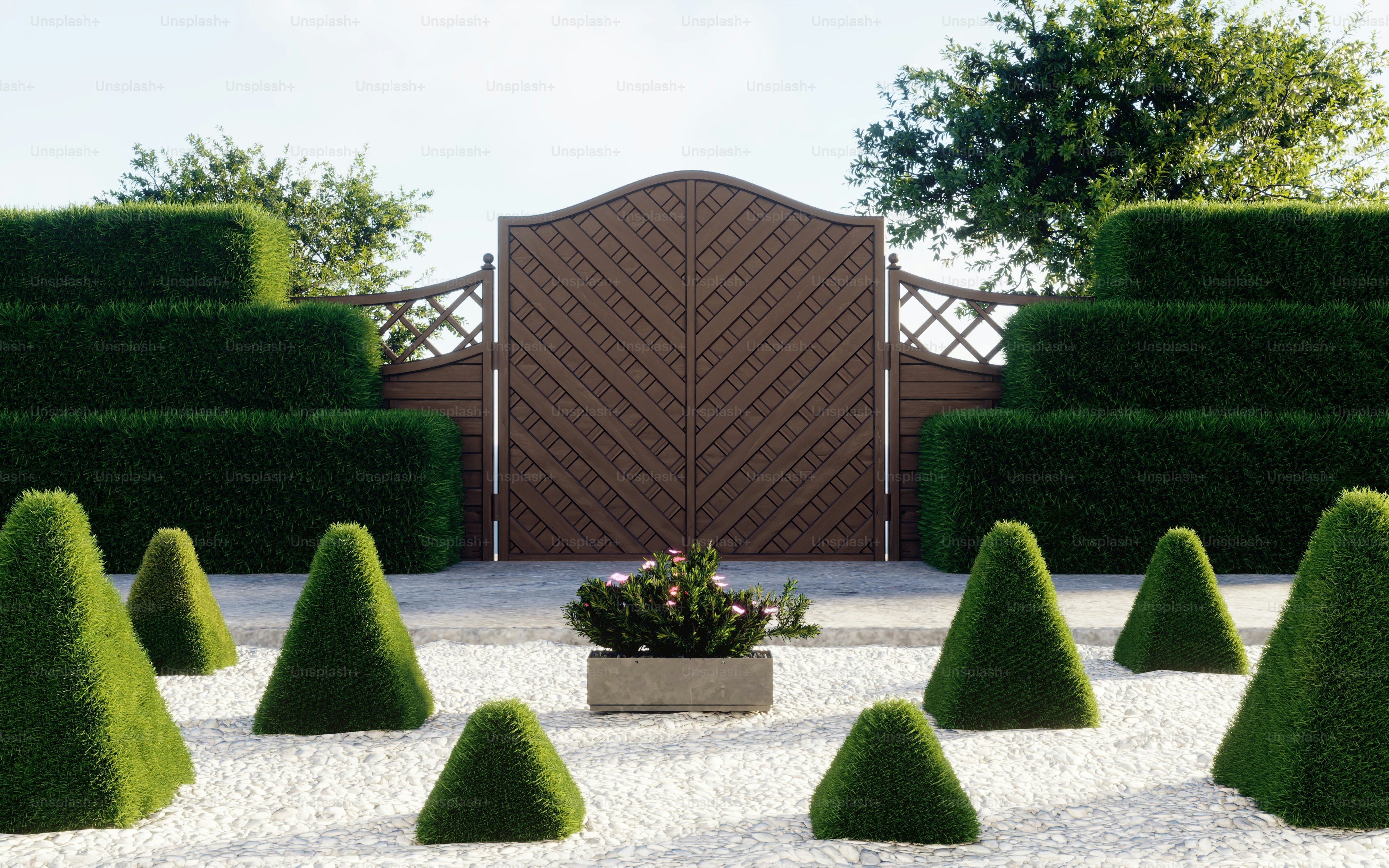 Un render en 3D de un jardín formal con setos en forma de cono y una puerta de madera