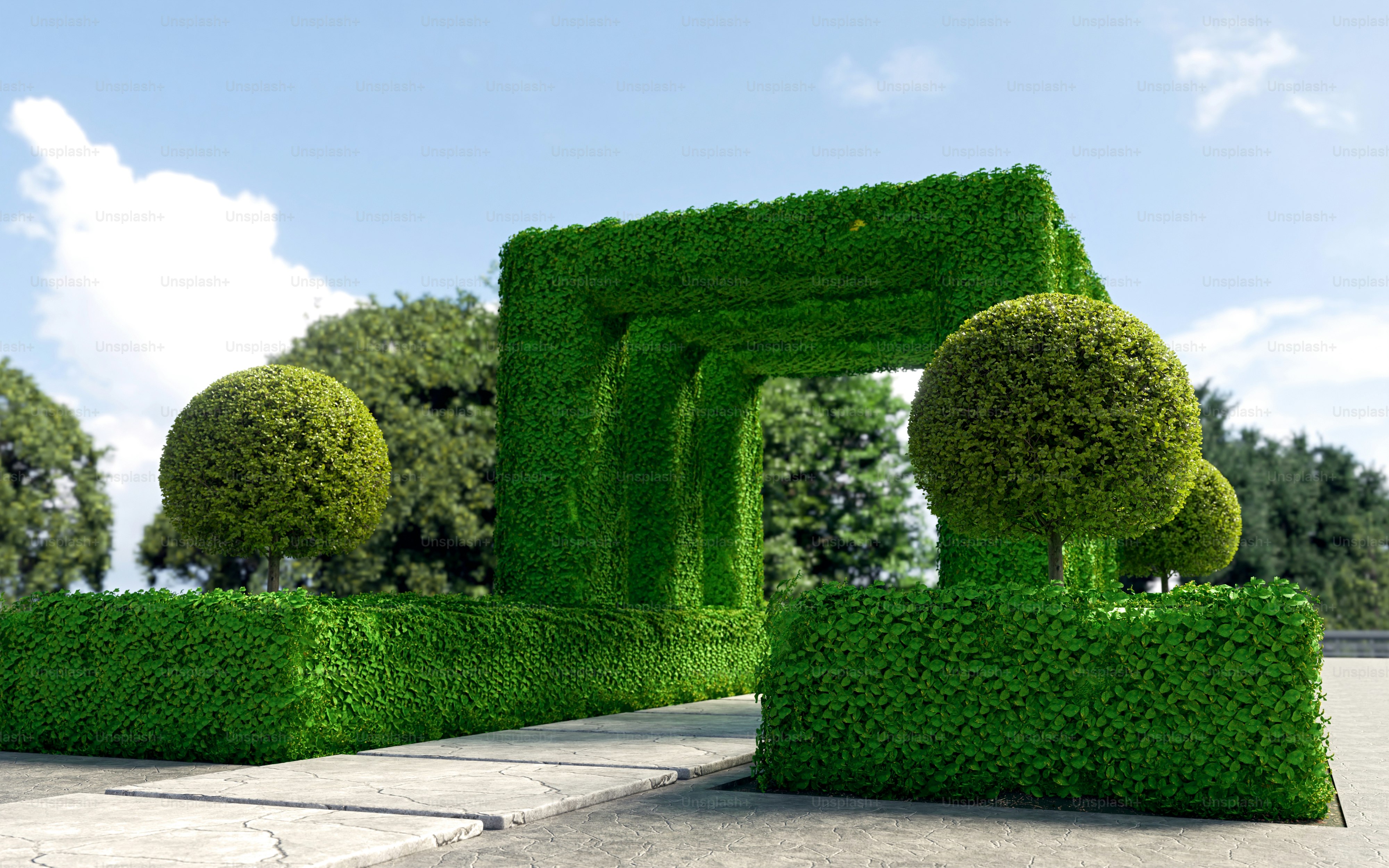 Una rappresentazione 3D di un arco topiario e arbusti sferici in un giardino curato