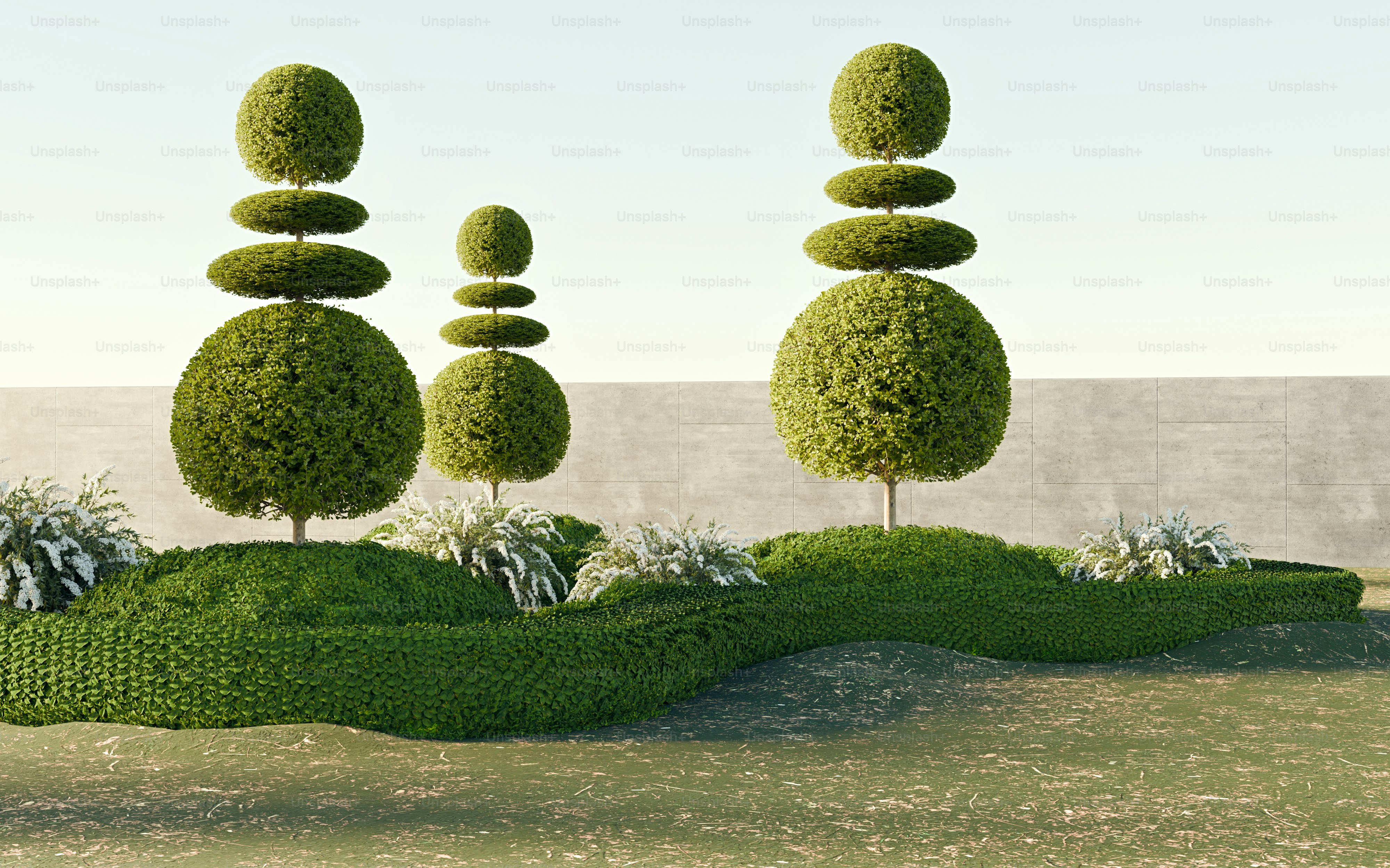 Una rappresentazione 3D di tre alberi topiari con fogliame sferico su un prato verde curato