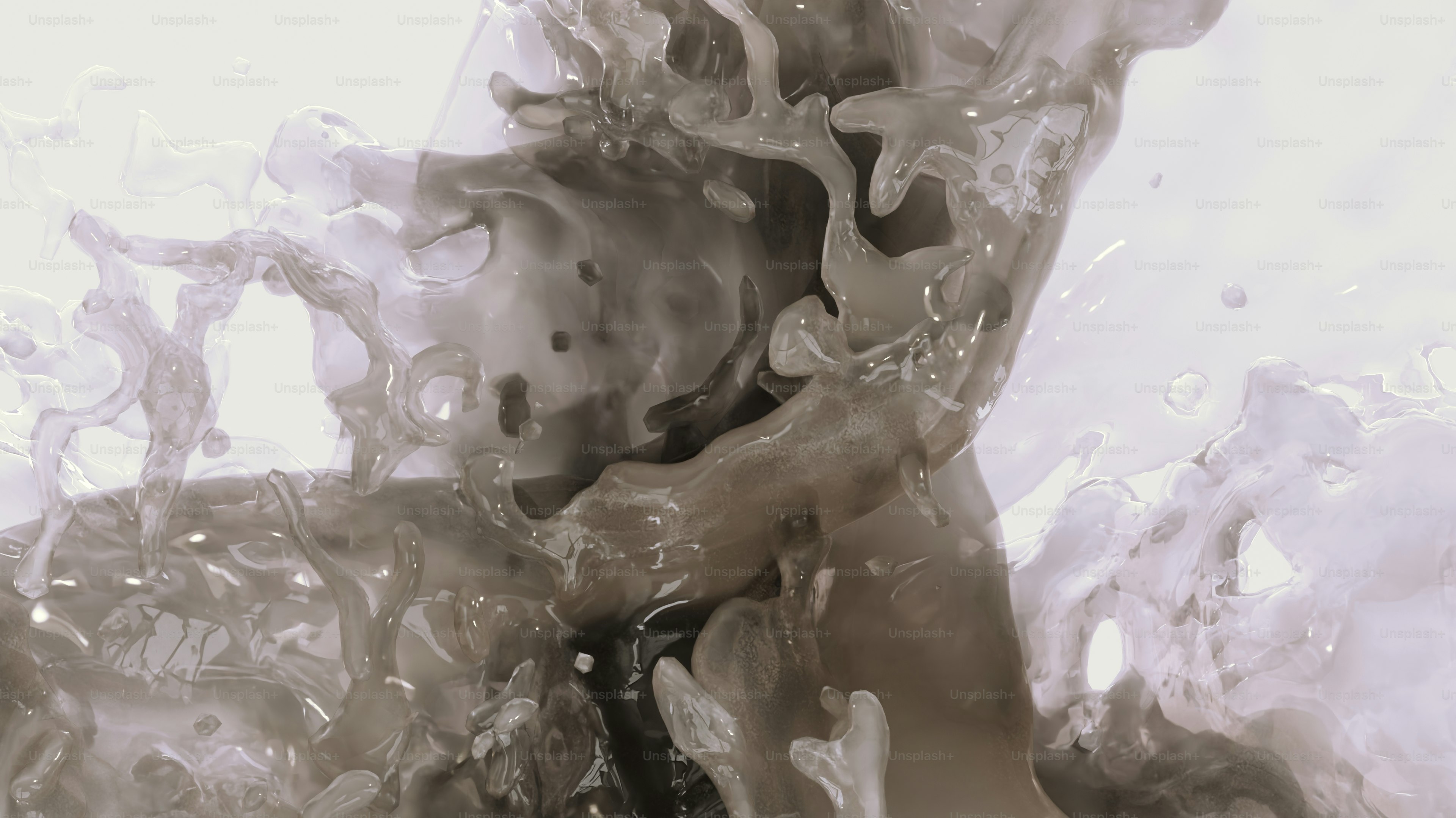 Un render 3D di liquido grigio vorticoso che schizza su uno sfondo bianco brillante