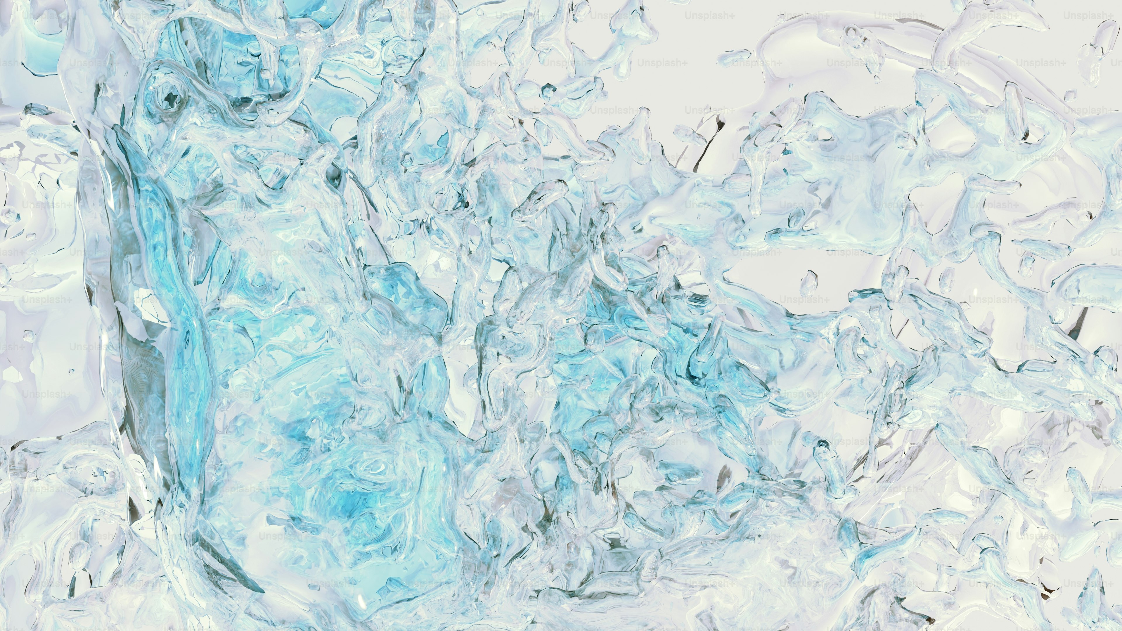 Un render 3D di liquidi blu e bianchi che schizzano creando onde astratte congelate