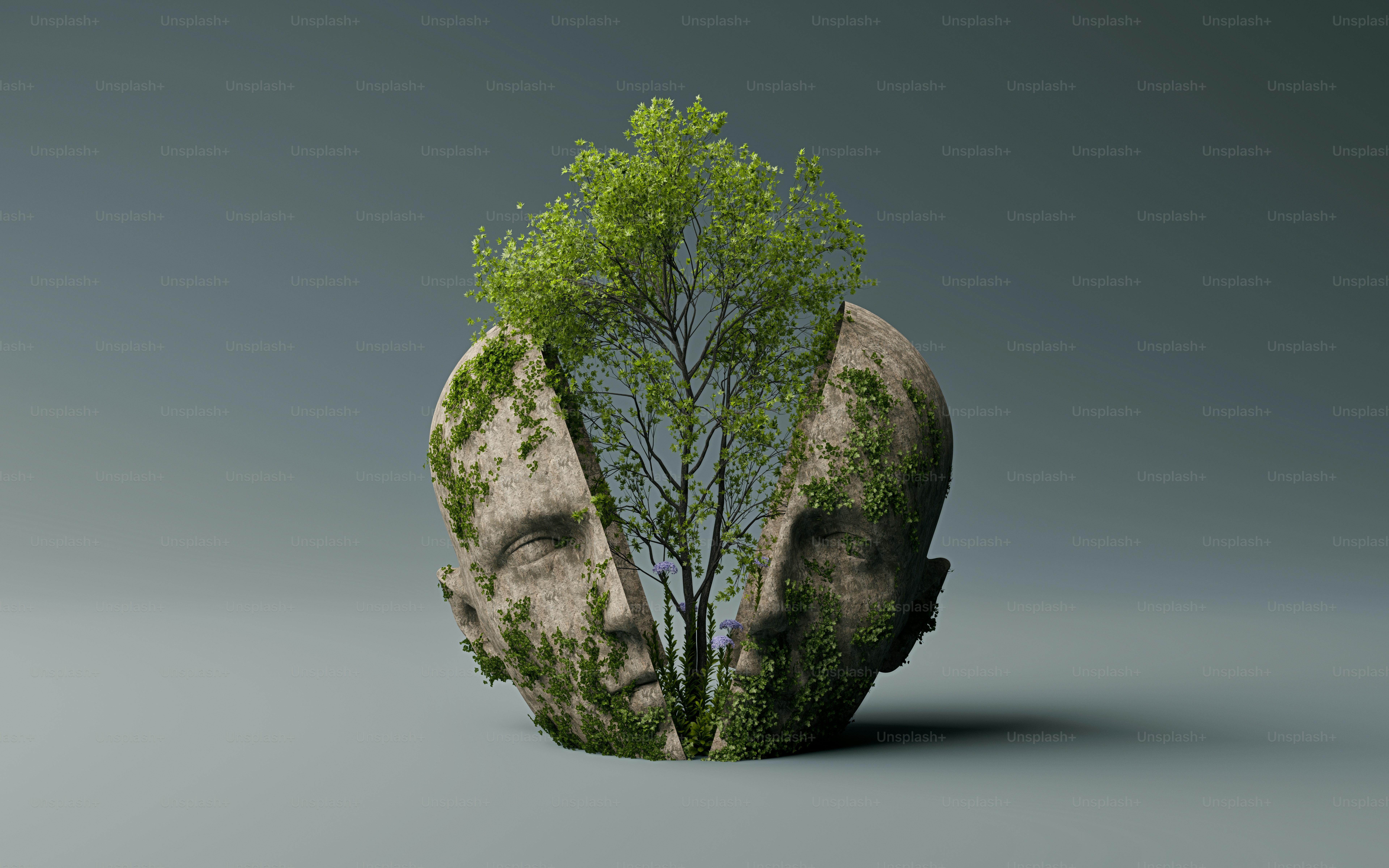 A 3D render of a split stone head with a tree growing from the center