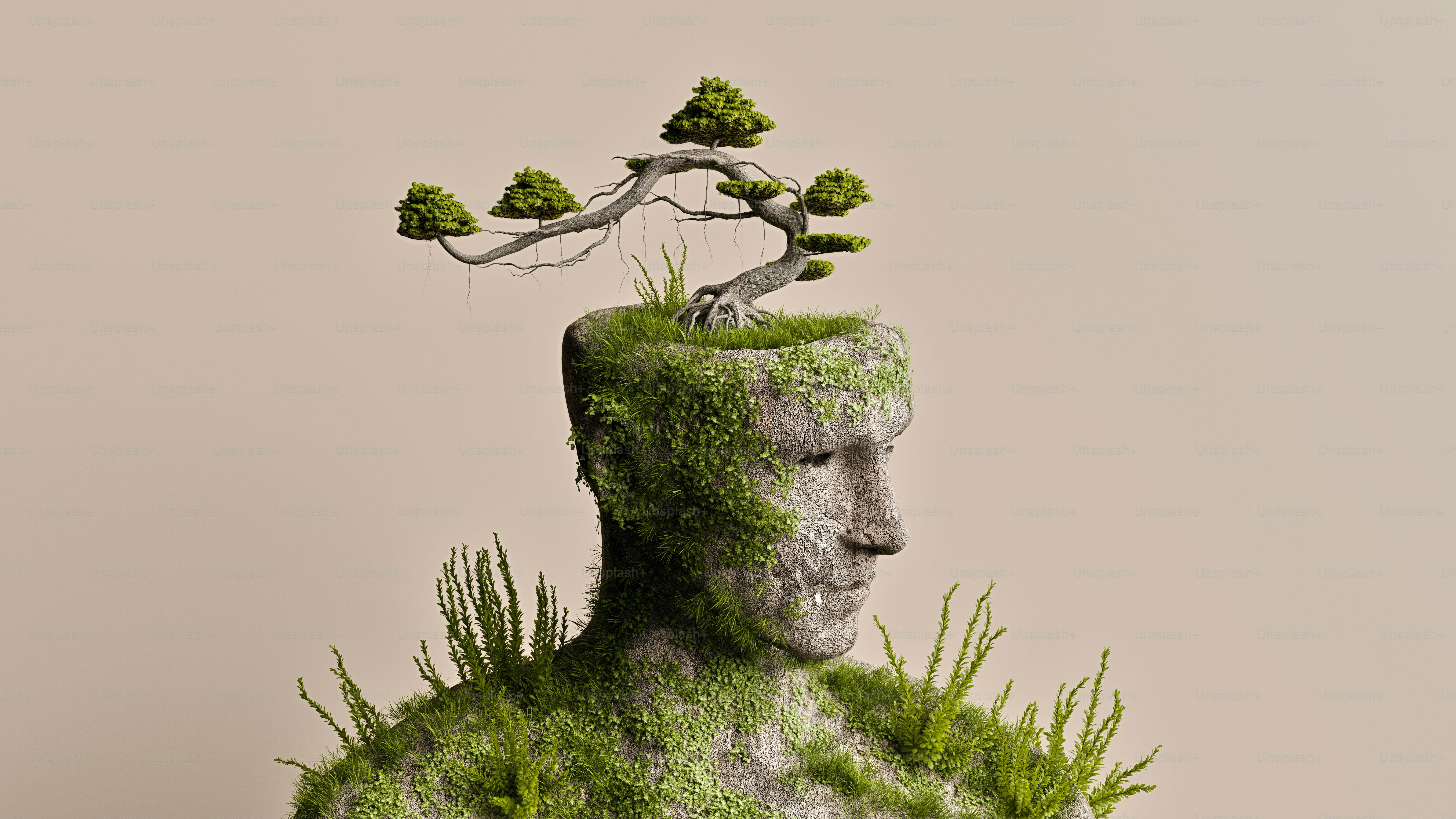 A 3D render of a stone head covered in moss and overgrown with a bonsai tree on top