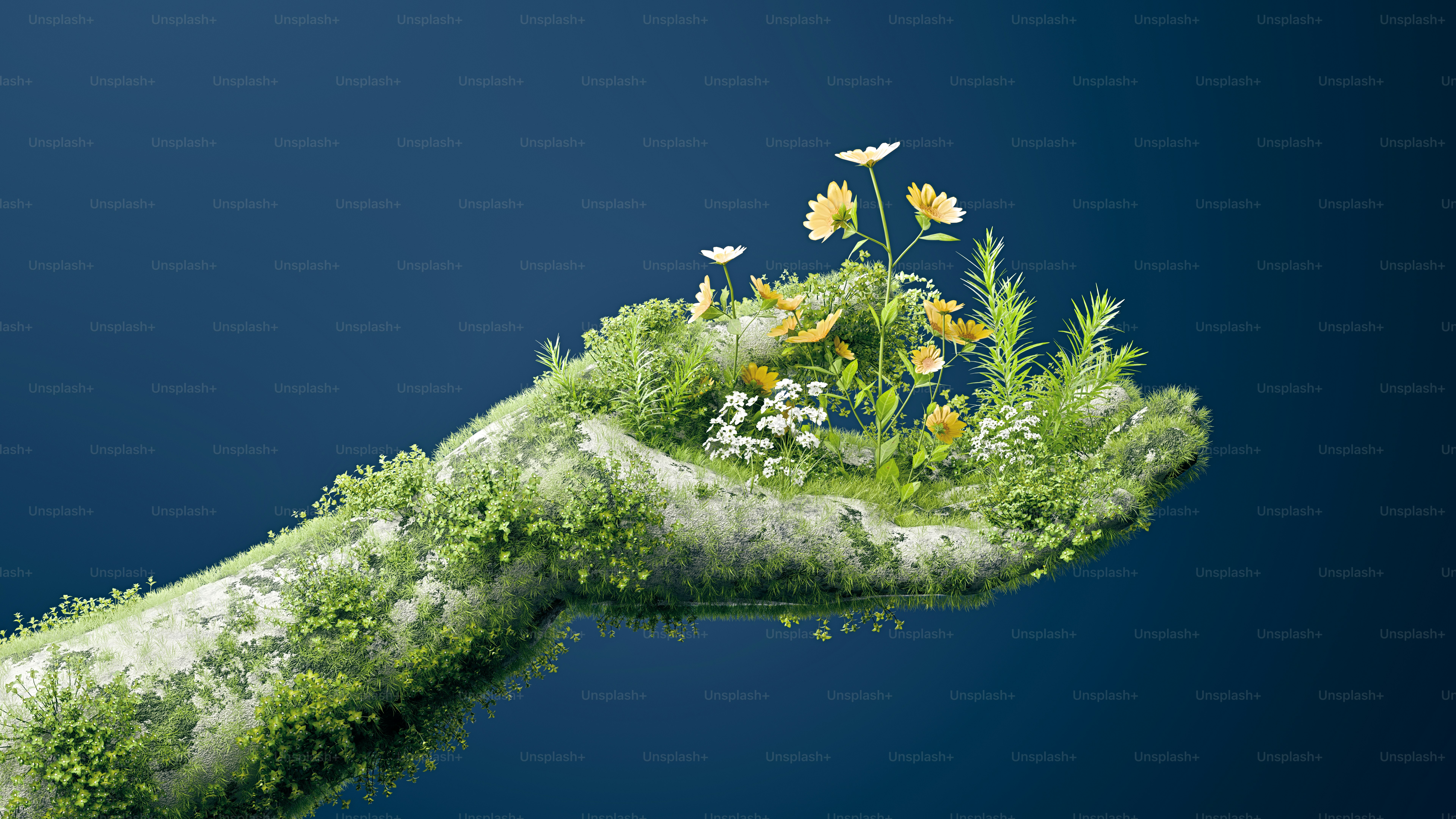A 3D render of a human hand covered in moss and grass holding blooming wildflowers