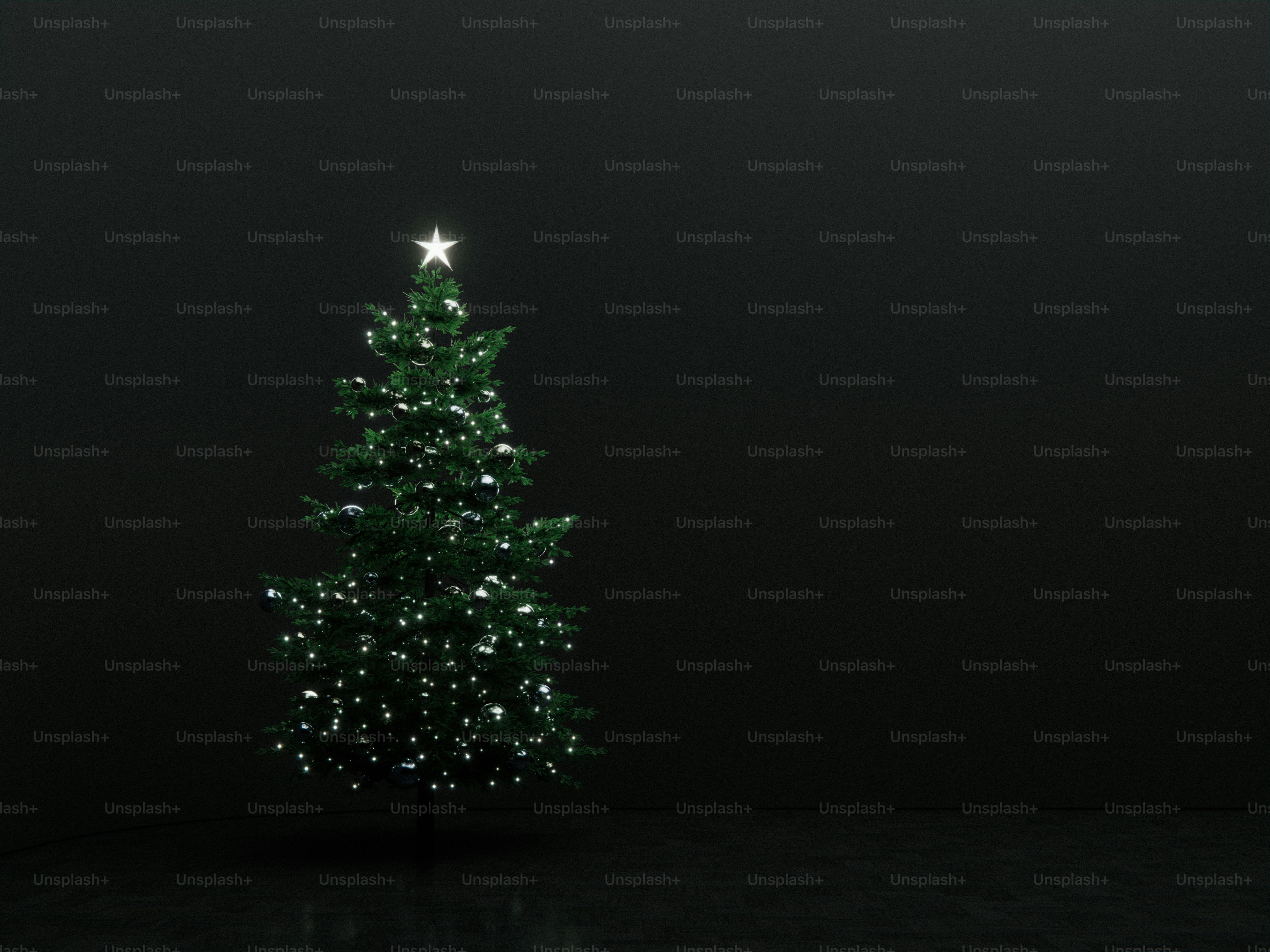A 3D render of a decorated Christmas tree with silver ornaments and a glowing star topper
