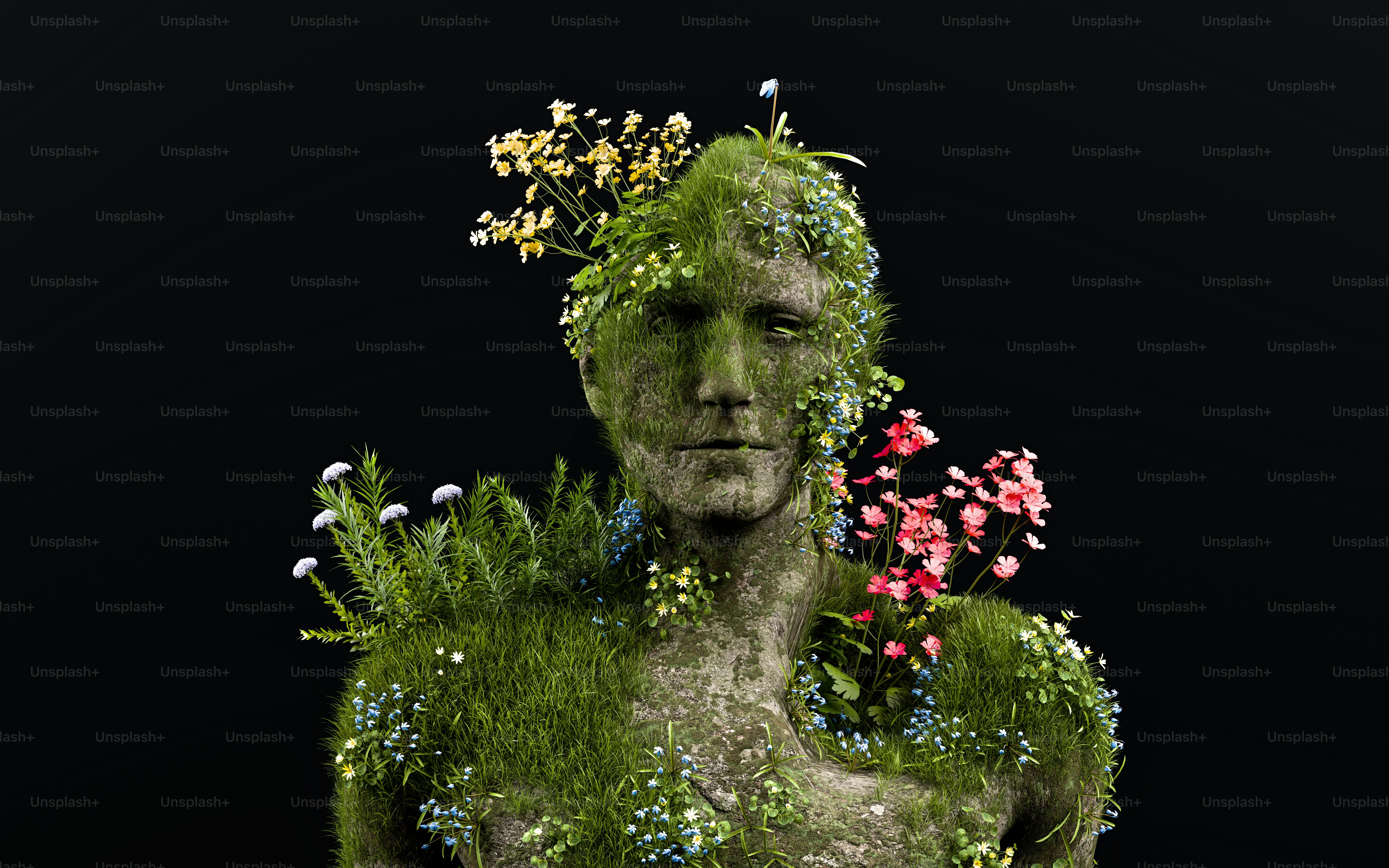 A 3D render of a stone bust covered in moss and blooming wildflowers against a black background