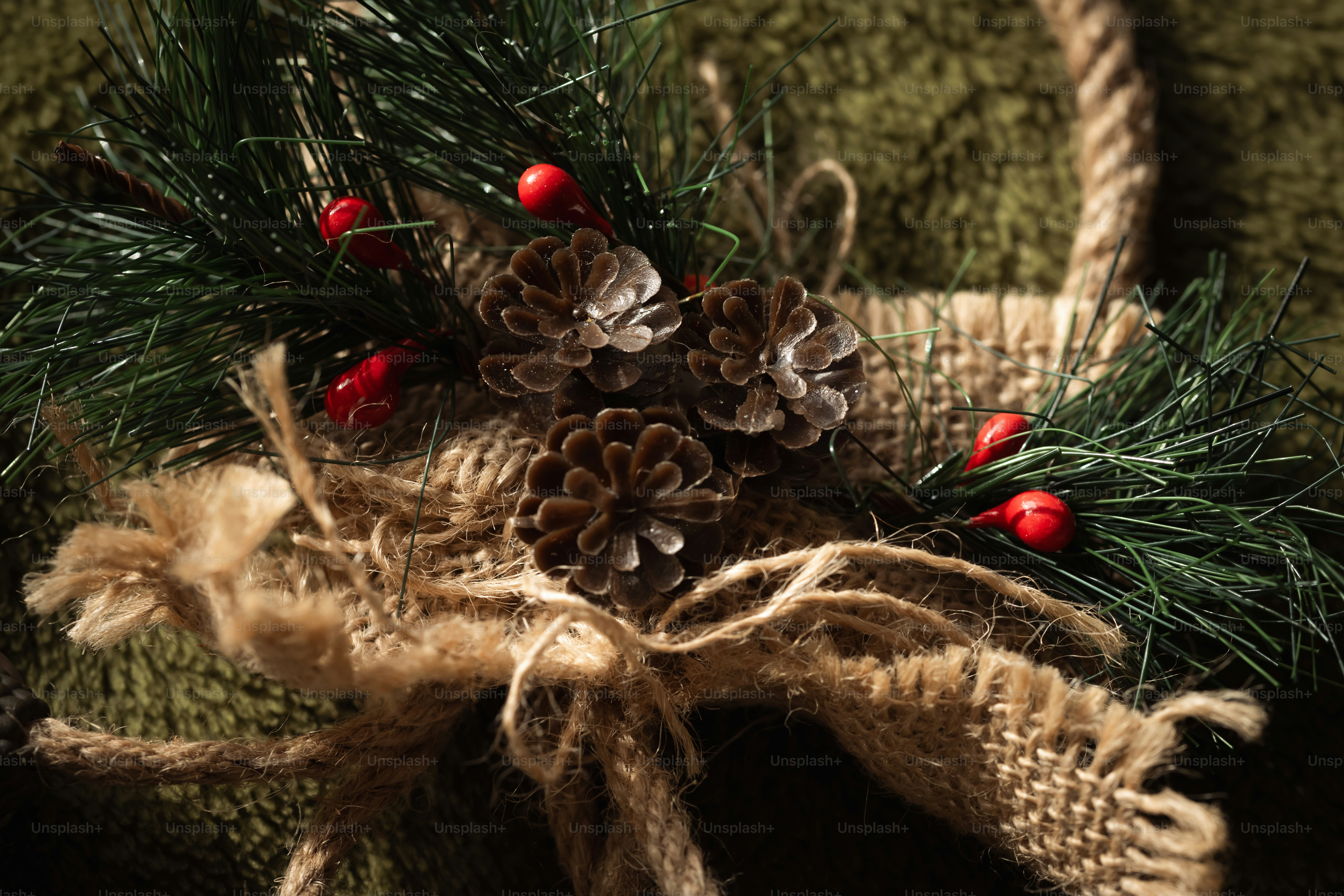 Pine cones with green needles and red berries on a burlap ribbon