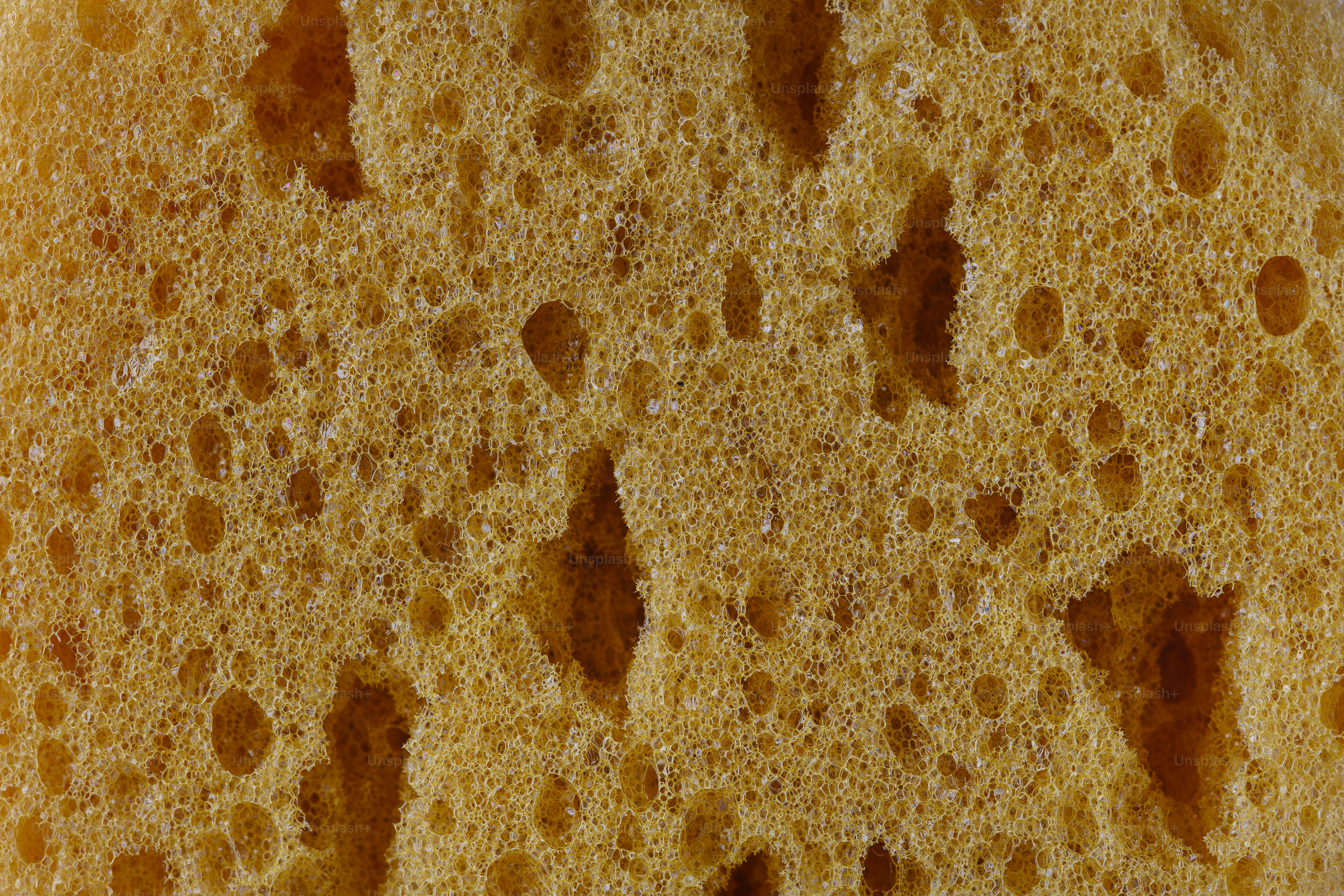 Macro view of a yellow porous sponge texture with irregular holes