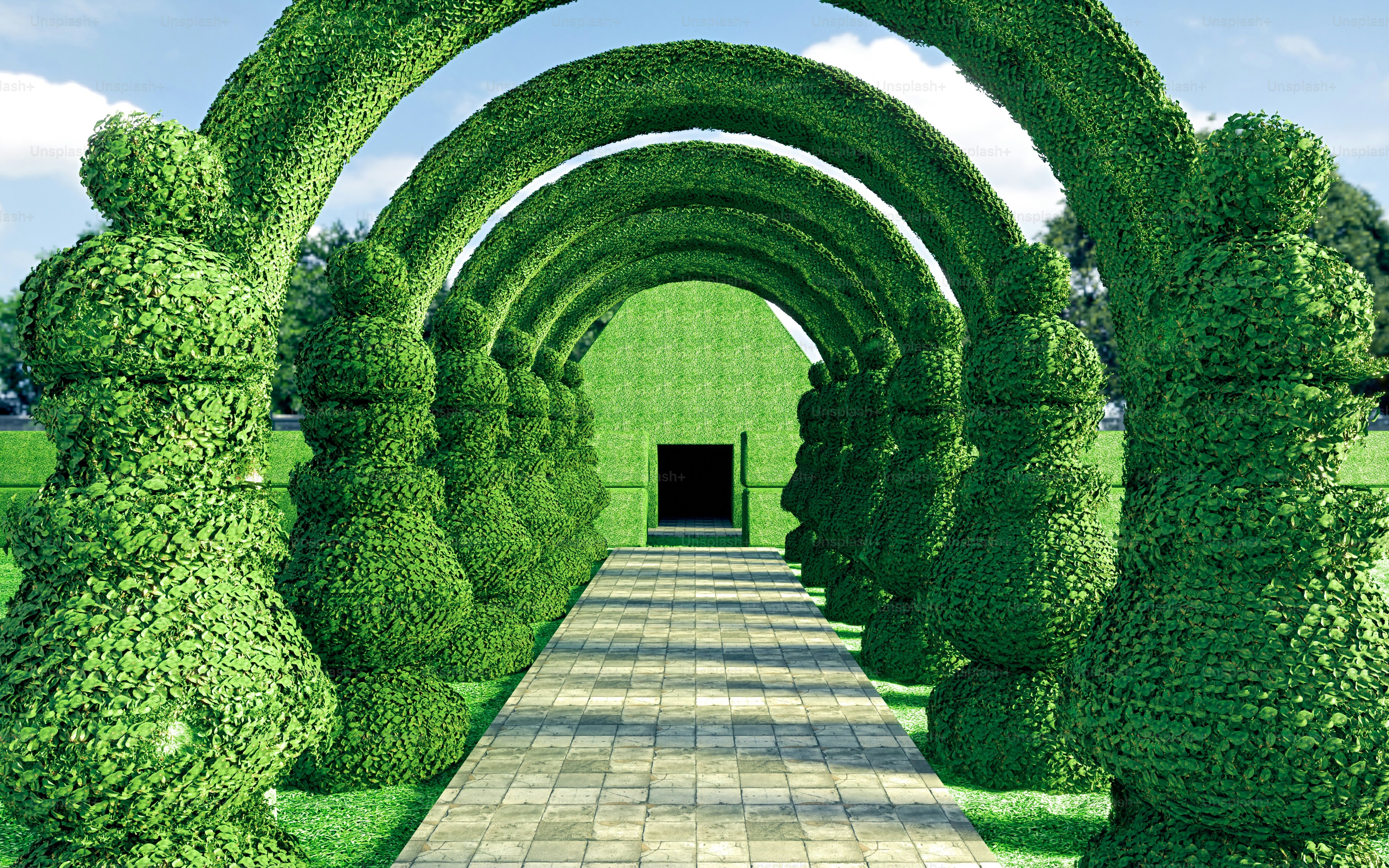 Una rappresentazione 3D di un sentiero di pietra che attraversa una serie di archi topiari verdi