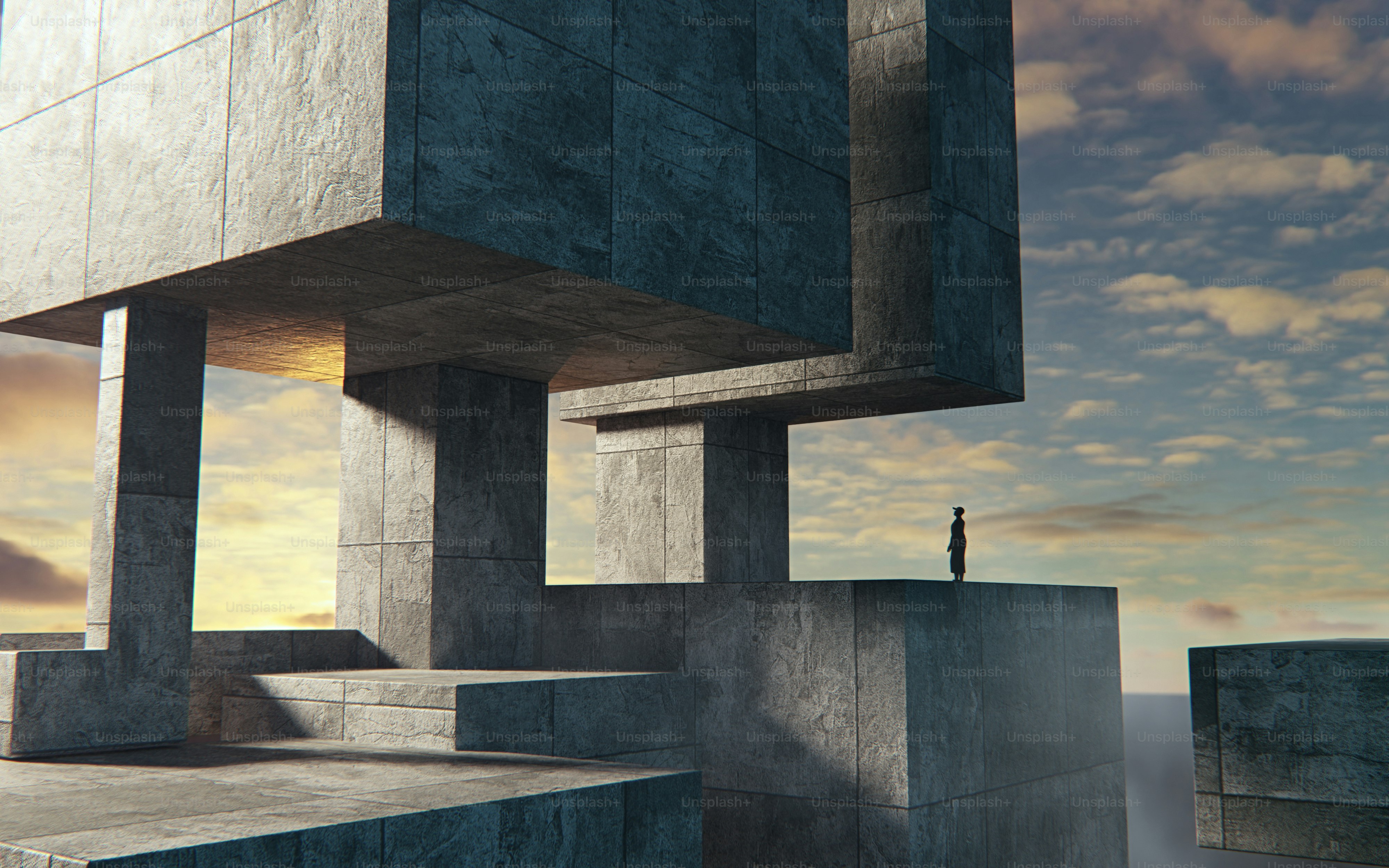 Un render 3D de una persona en silueta de pie sobre una gran estructura de hormigón al atardecer